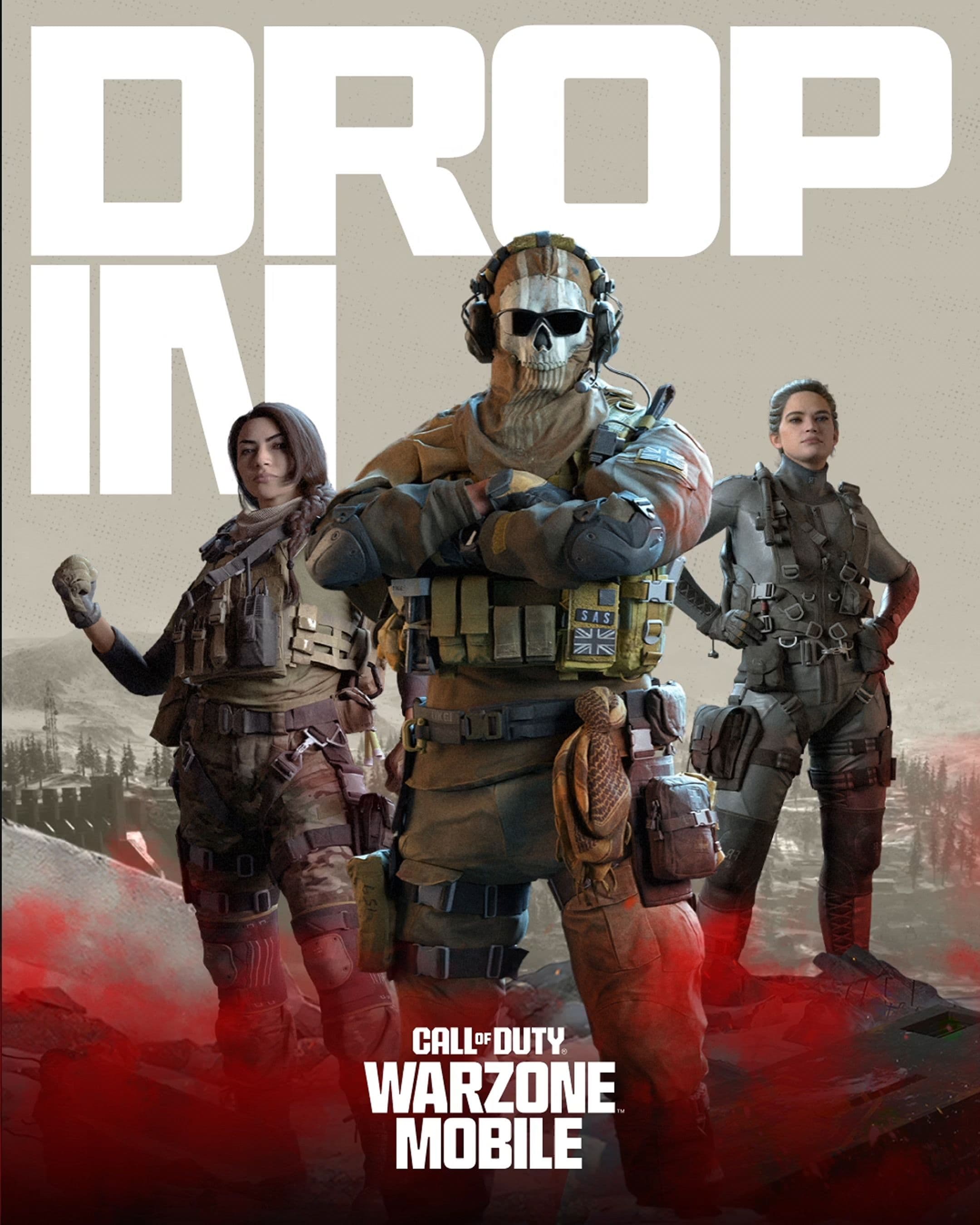 Three soldiers in tactical gear stand confidently with arms crossed, set against a rugged landscape. Large white text reads DROP IN above them. The Call of Duty Warzone Mobile logo appears at the bottom over a red mist.