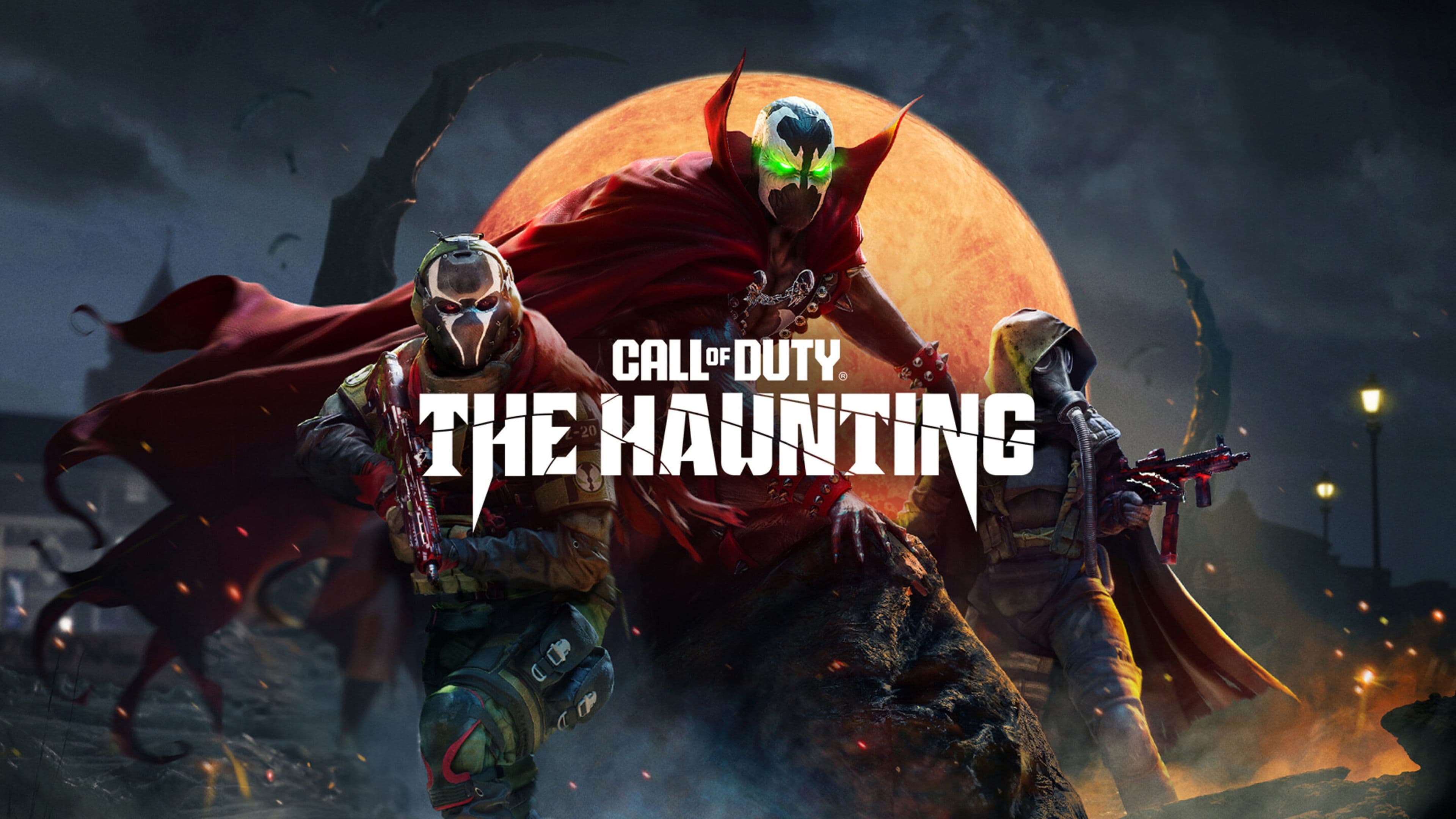 Three masked and armored figures with glowing eyes stand in front of a large, eerie orange moon. The text Call of Duty: The Haunting is displayed prominently in the center.