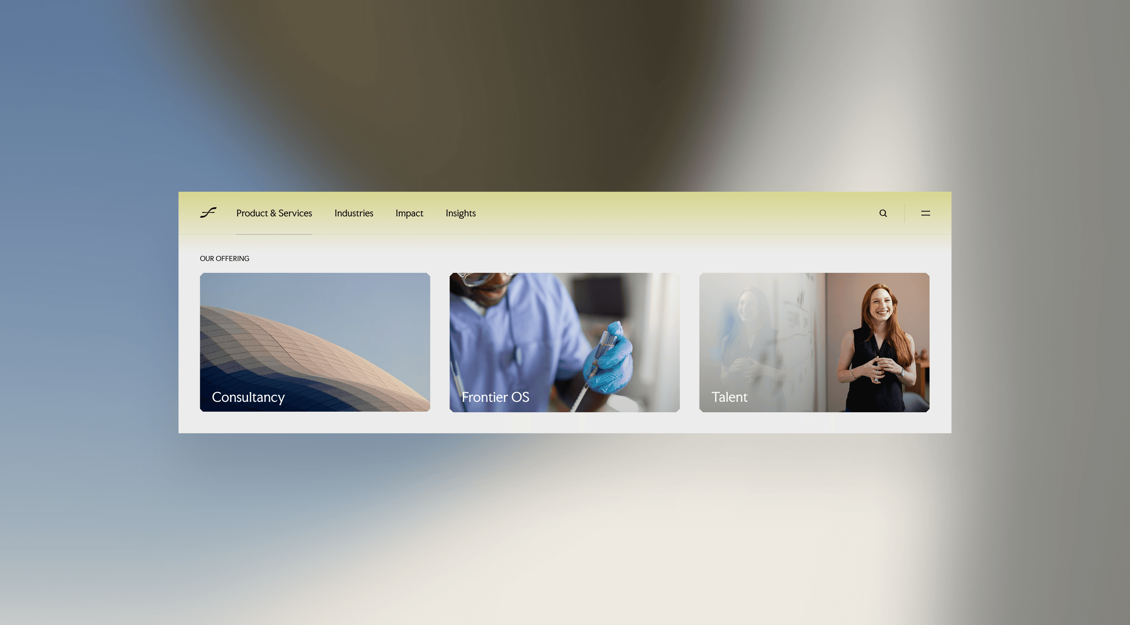 A section of the Faculty website displaying three service categories: Consultancy, Frontier OS, and Talent.