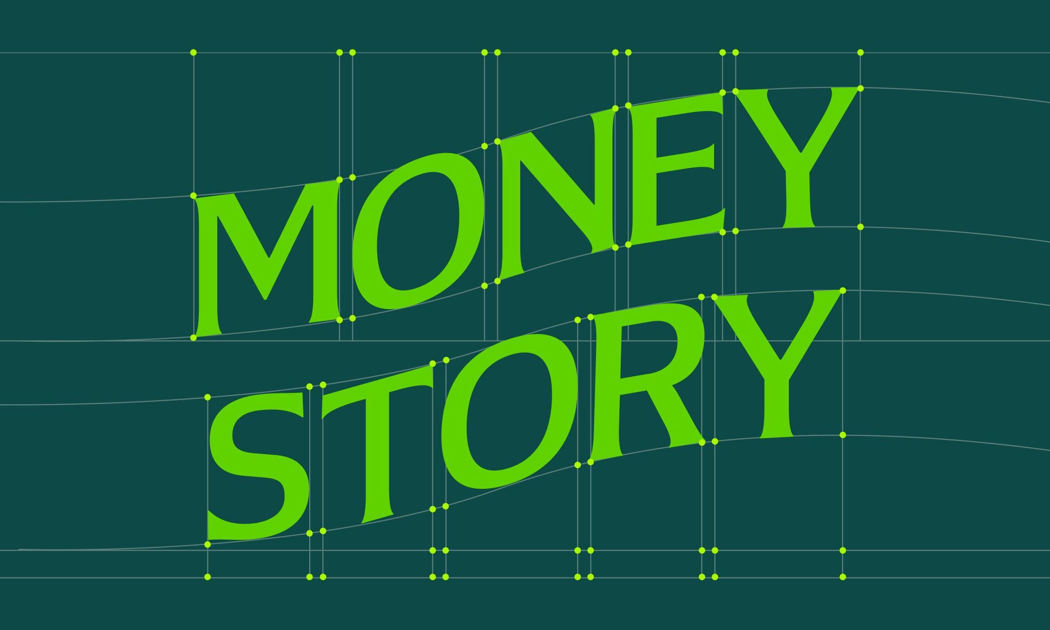 Green text reading MONEY STORY appears on a dark background, with the letters distorted along wavy grid lines and yellow nodes marking points of adjustment.