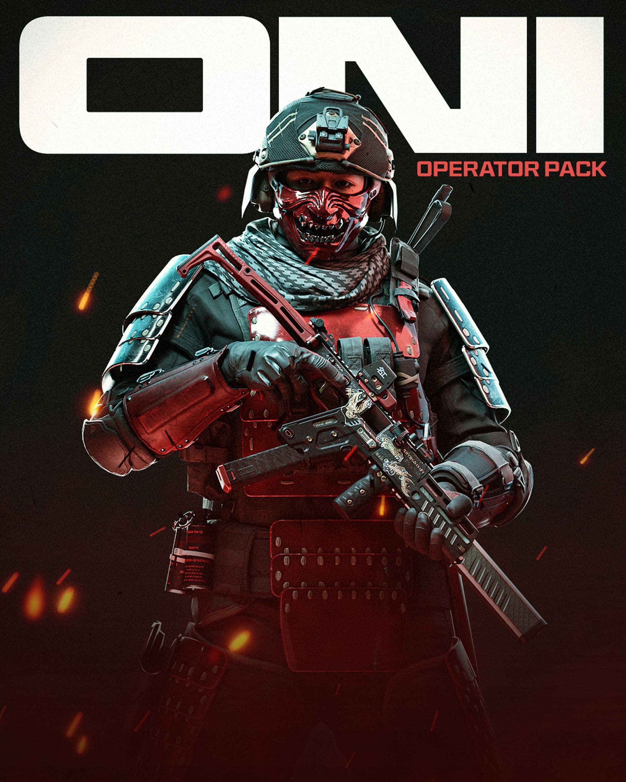 A heavily armored soldier wearing a helmet and face mask holds a customized rifle. Sparks and embers float around. Bold white text at the top reads “ONI,” with “Operator Pack” in red to the right.