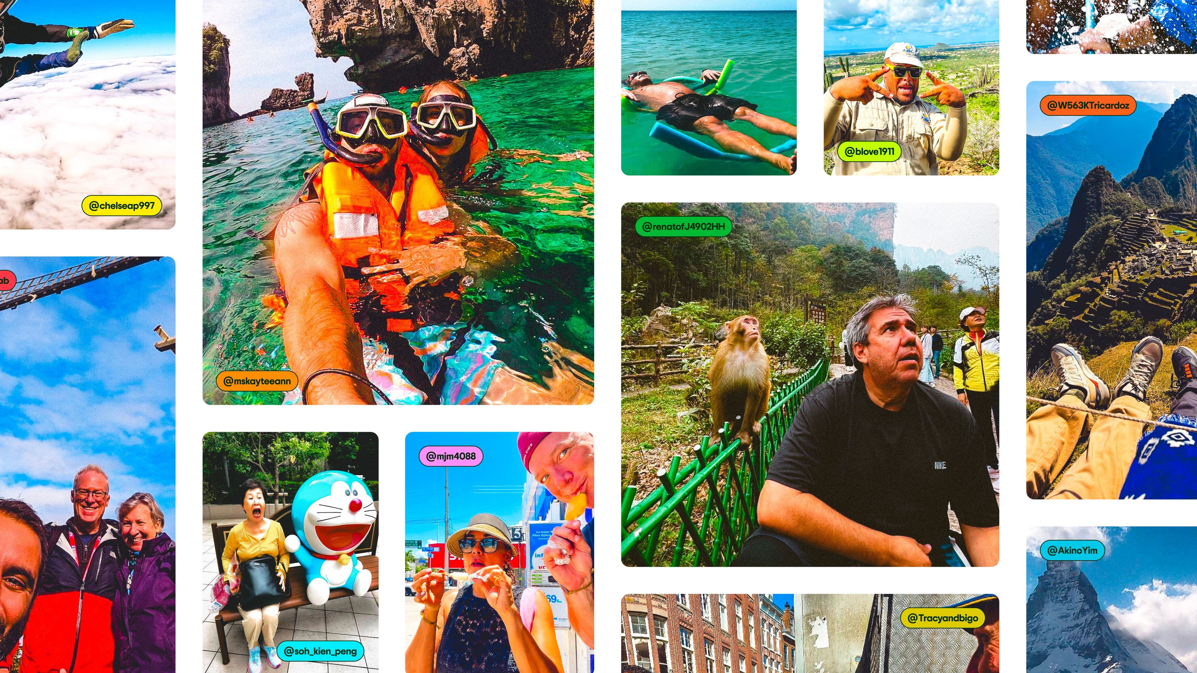 A collage of vibrant travel photos featuring people snorkeling, lounging on water, hiking, and posing at landmarks, with Instagram-like tags on each image.