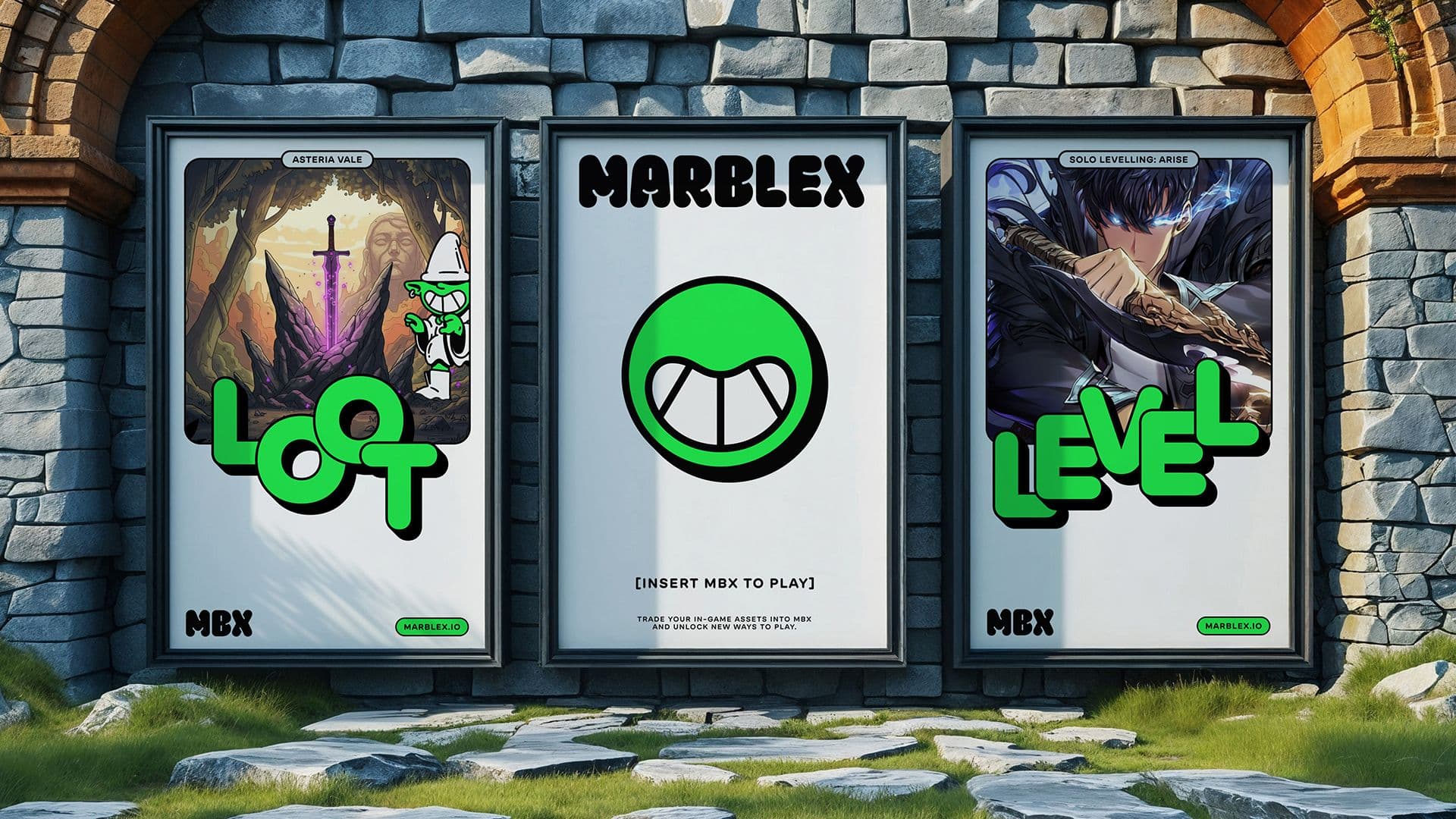 A series of 3 OOH posters in a video game world showcasing Marblex games within the brand system.