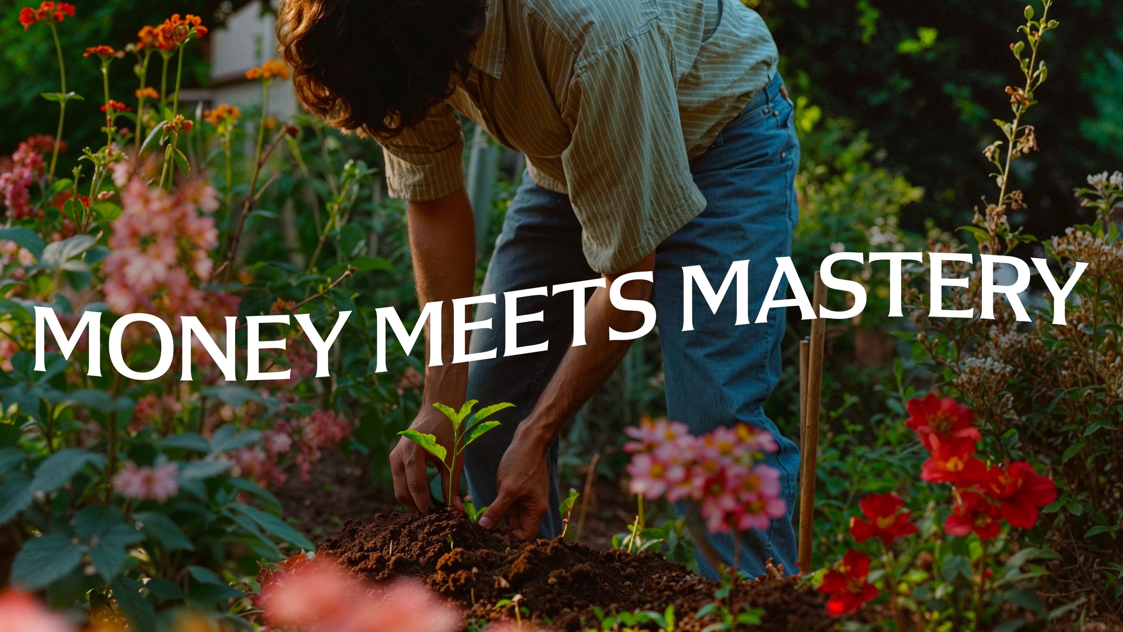 A person in jeans and a striped shirt tends to a young plant in a vibrant flower garden. Bold white text across the image reads, “MONEY MEETS MASTERY.”.