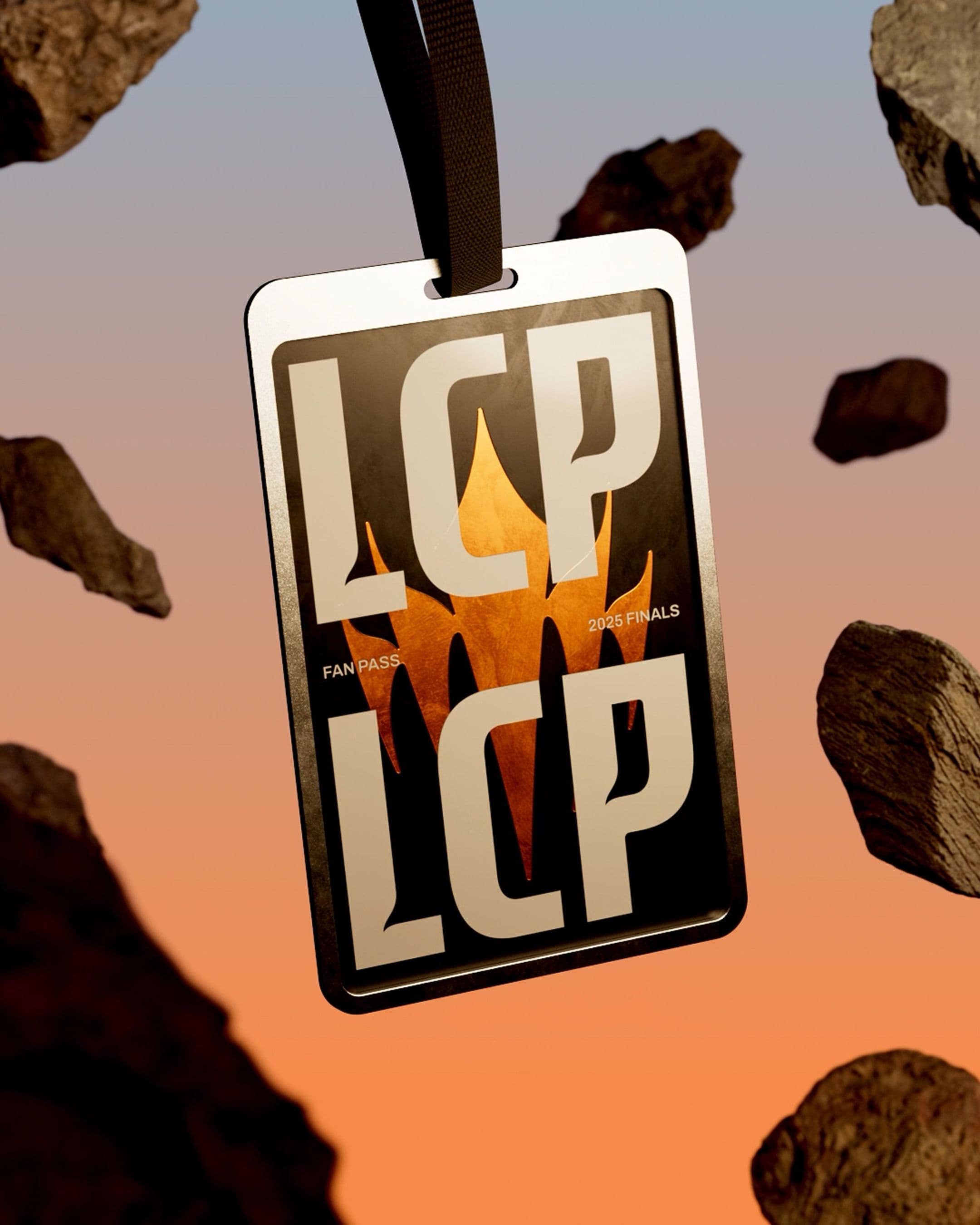 A lanyard for LCP with Fan Pass and 2025 Finals hangs among floating rocks against a blue and orange gradient sky.