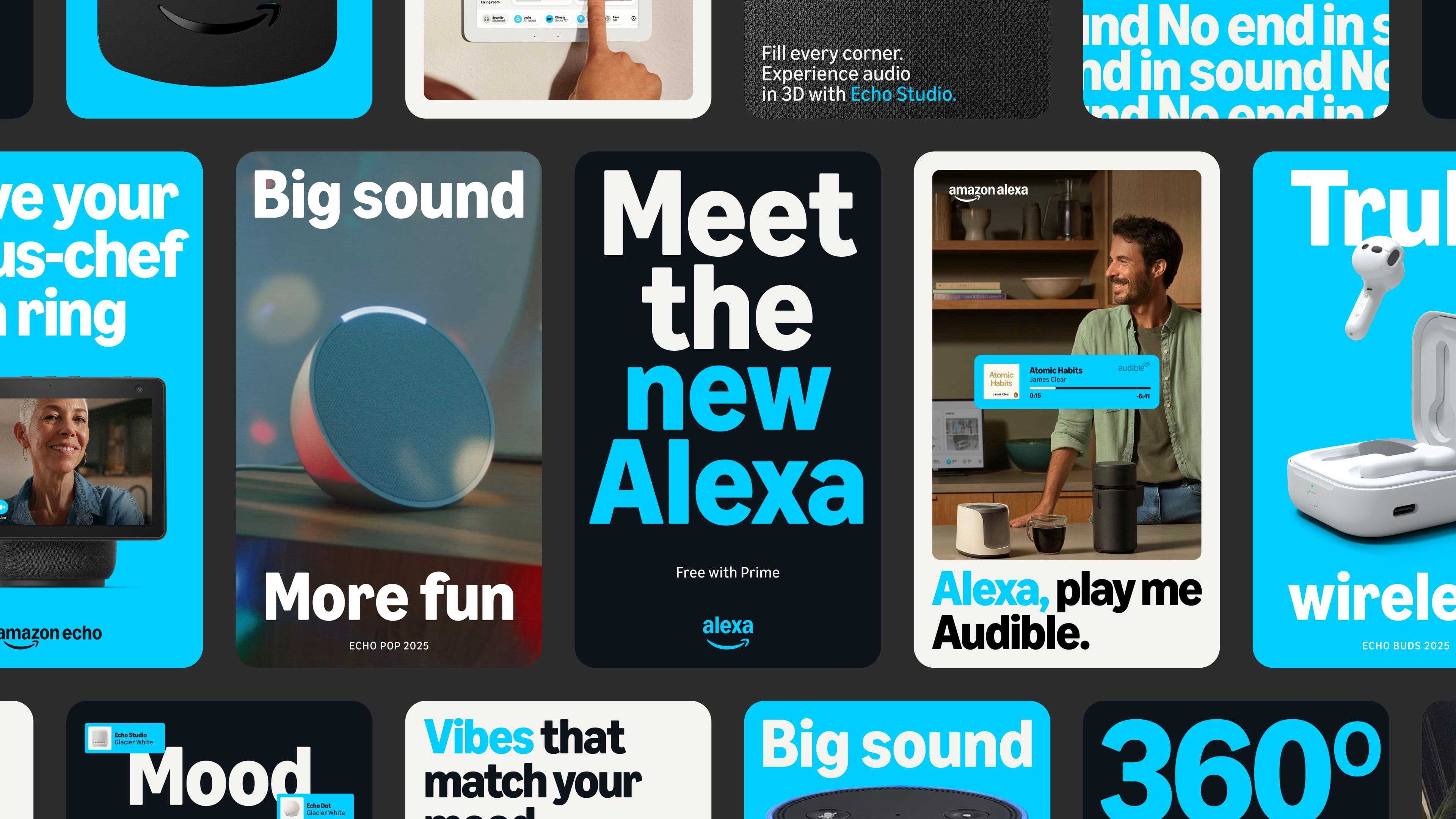 Amazon Alexa ad collage with the text ‘Meet the new Alexa.’