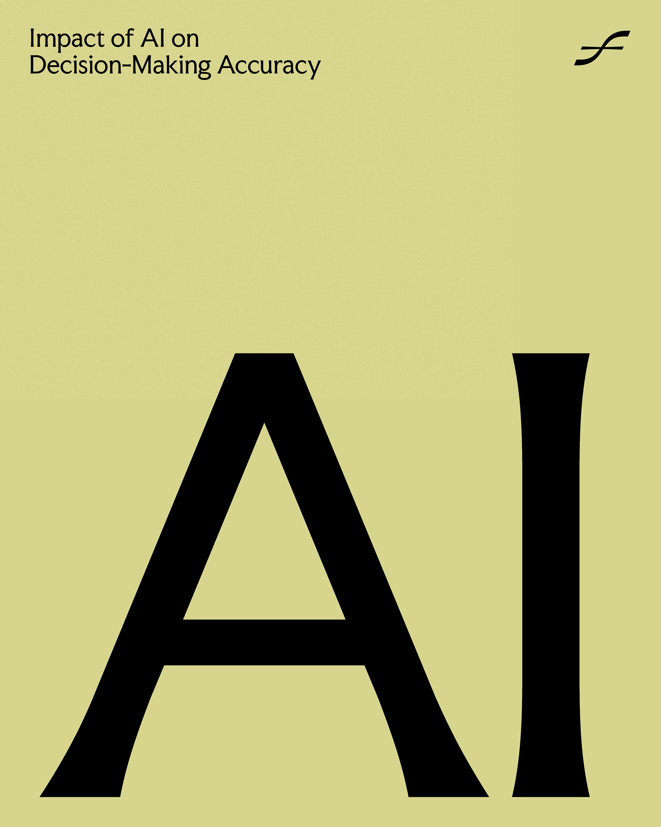 Minimalist cover with large black letters AI on a yellow background. The top left corner reads Impact of AI on Decision-Making Accuracy and a small abstract logo appears in the top right corner.