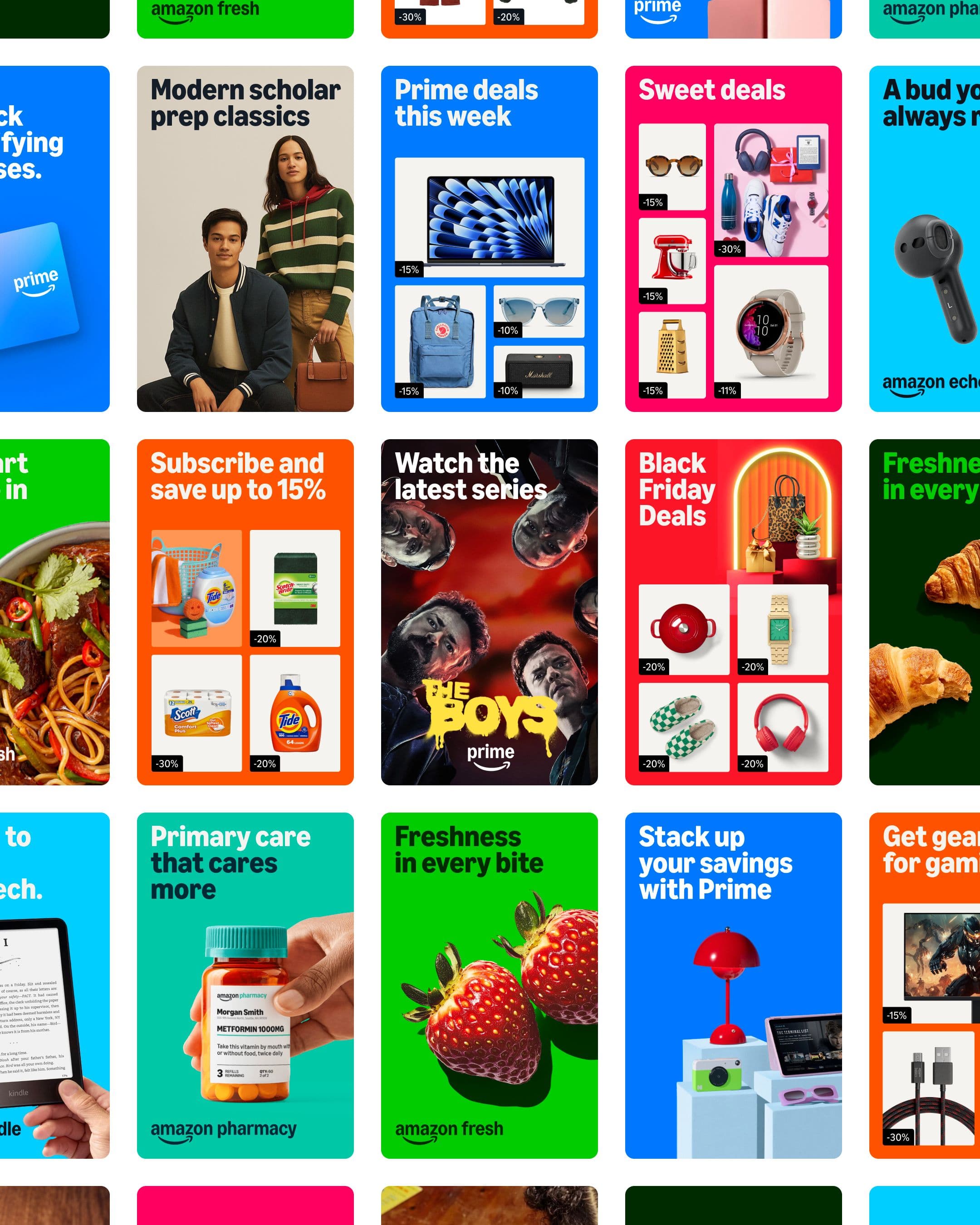 A colorful collage of Amazon Prime mobile promotional ads.