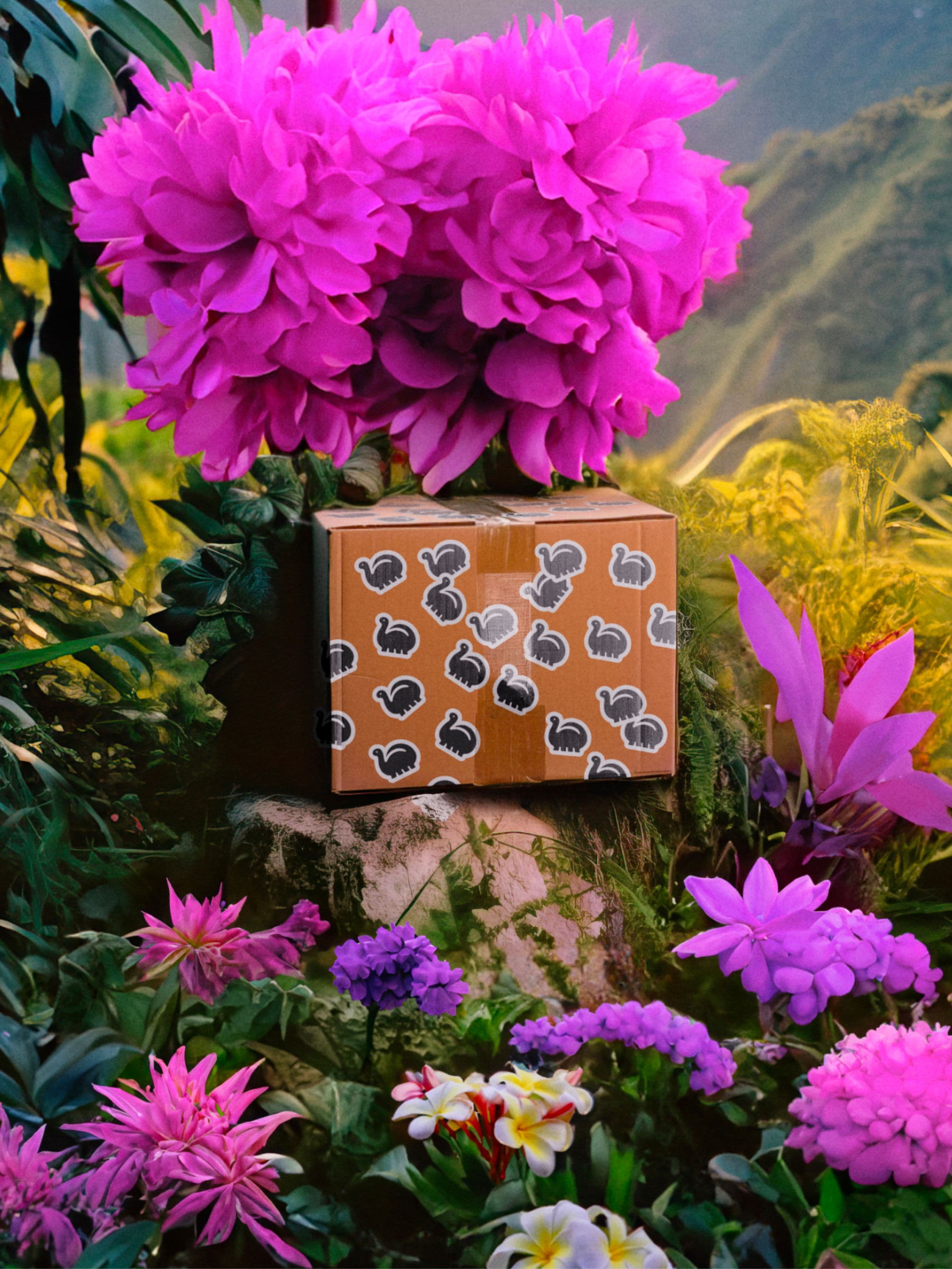 A cardboard box decorated with white and black De-extinction logo stickers, surrounded by pink colourful flowers.