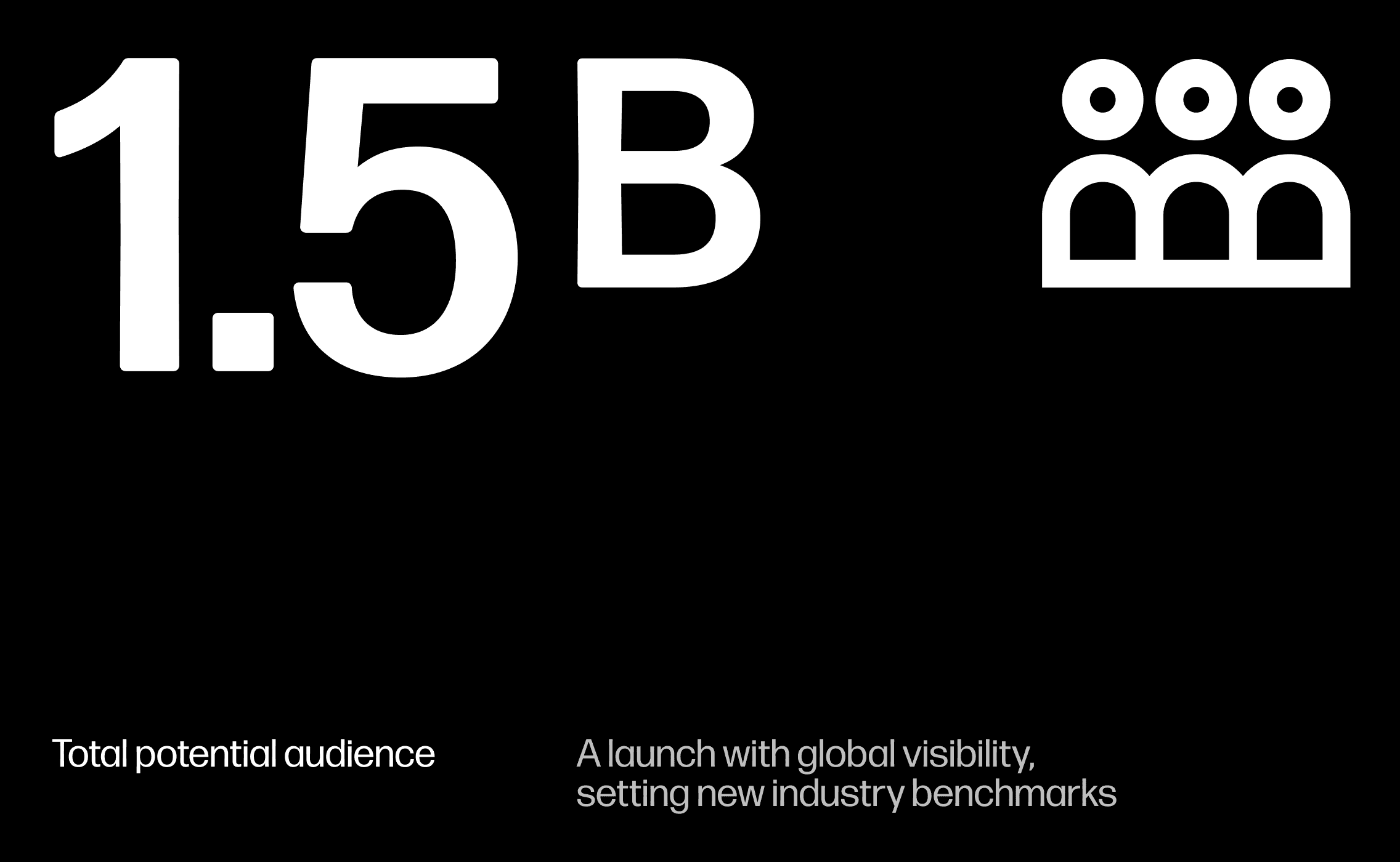 Key stat from a rebrand showing a total potential audience of 1.5B and a globally visible launch on a black background.