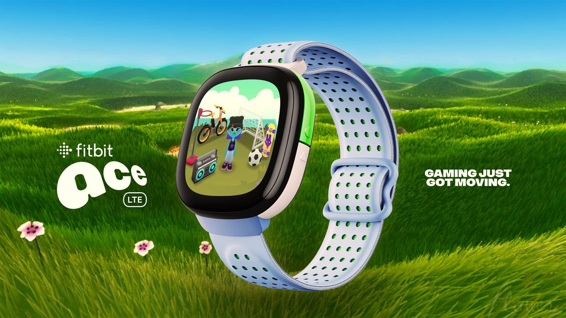 Fitbit Ace LTE smartwatch floating over grassy hills, text: 'fitbit ace LTE' and 'Gaming just got moving.'