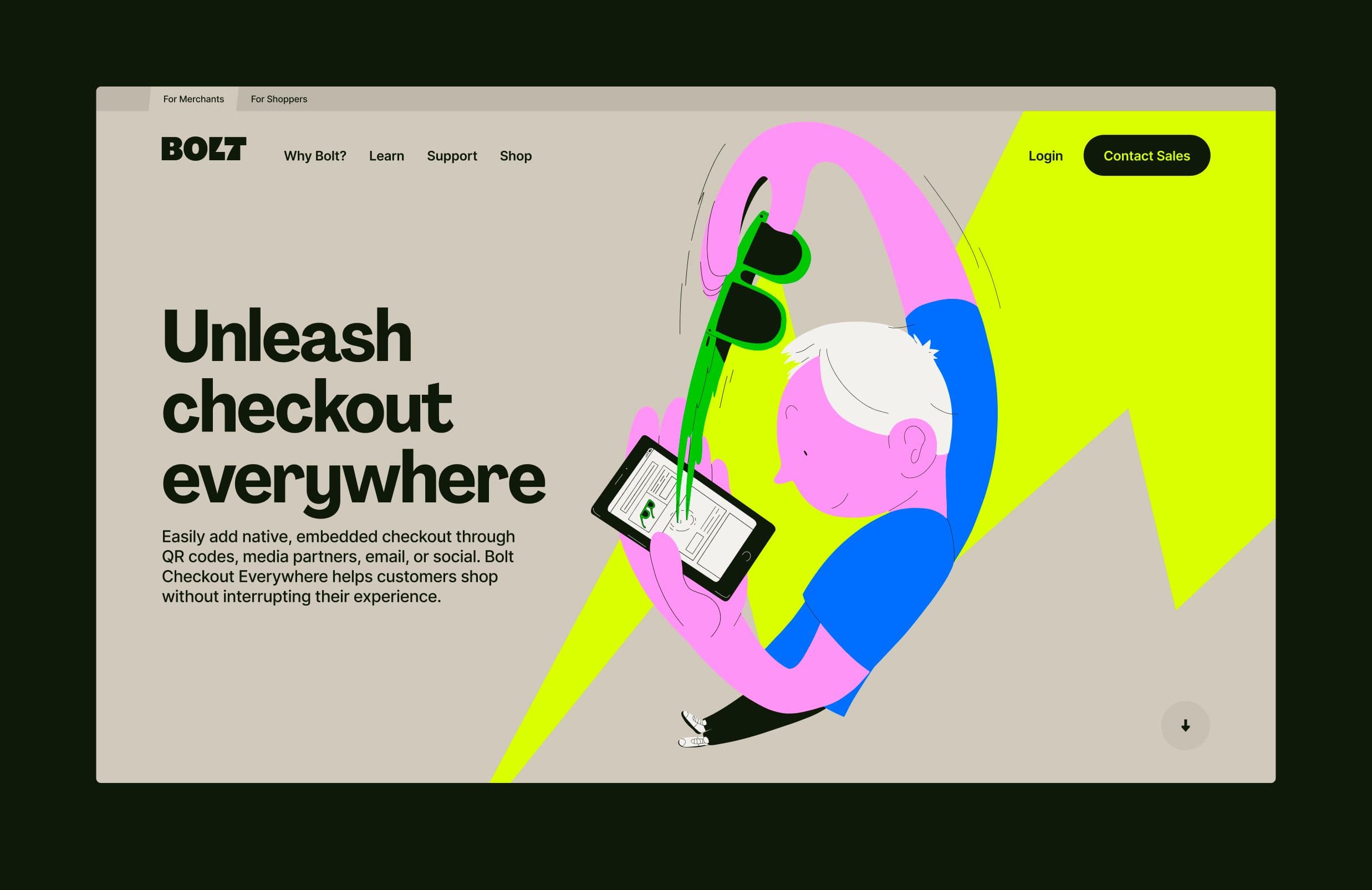 A stylized illustration of a person scanning a QR code on a phone with a tablet, next to large text reading Unleash checkout everywhere on an online checkout service website. The background is beige with yellow and green accents.