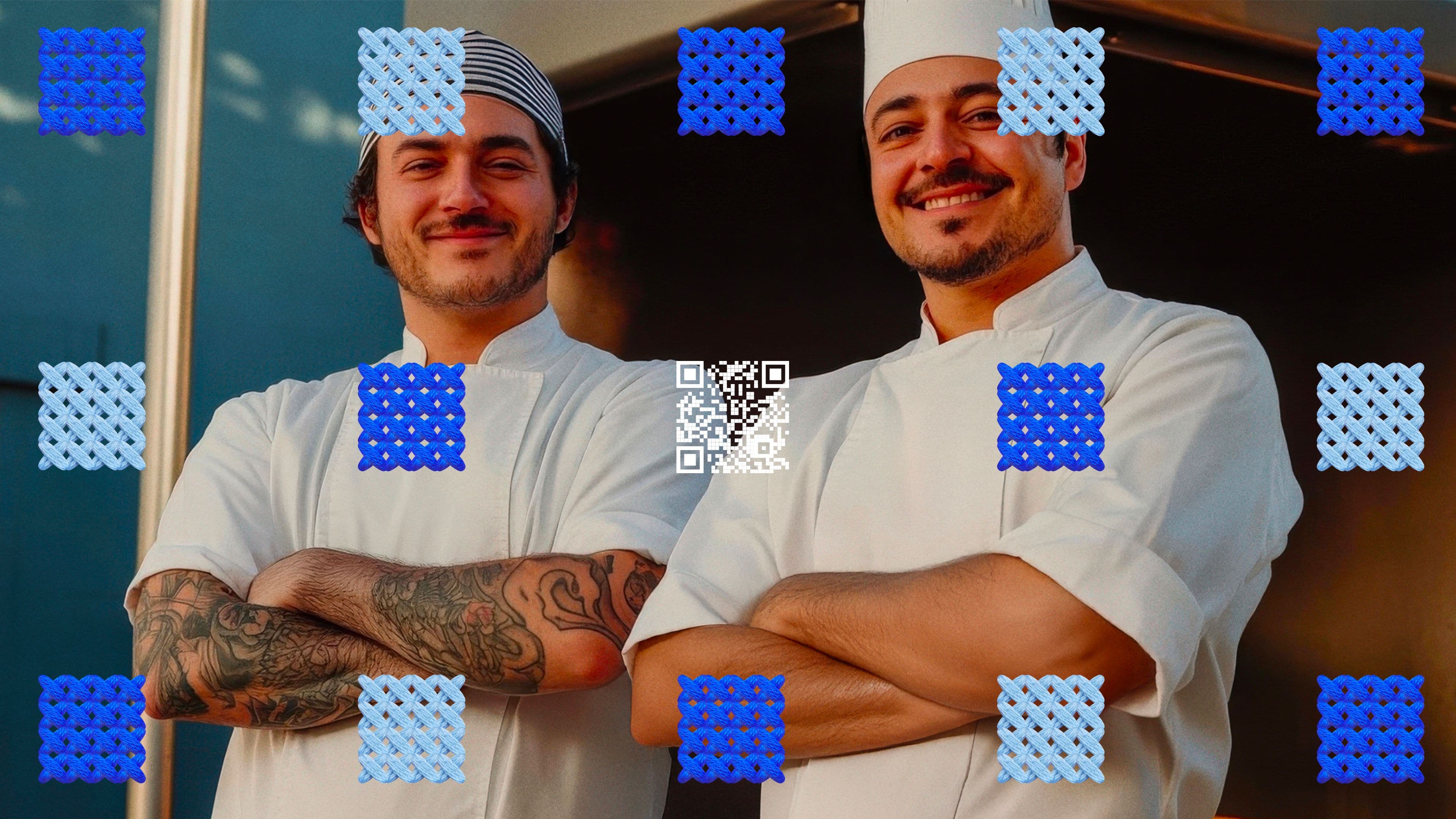 Two smiling chefs in white uniforms and hats stand with arms crossed. he image is overlaid with blue textured Uniqode stitch squares and a central QR code.