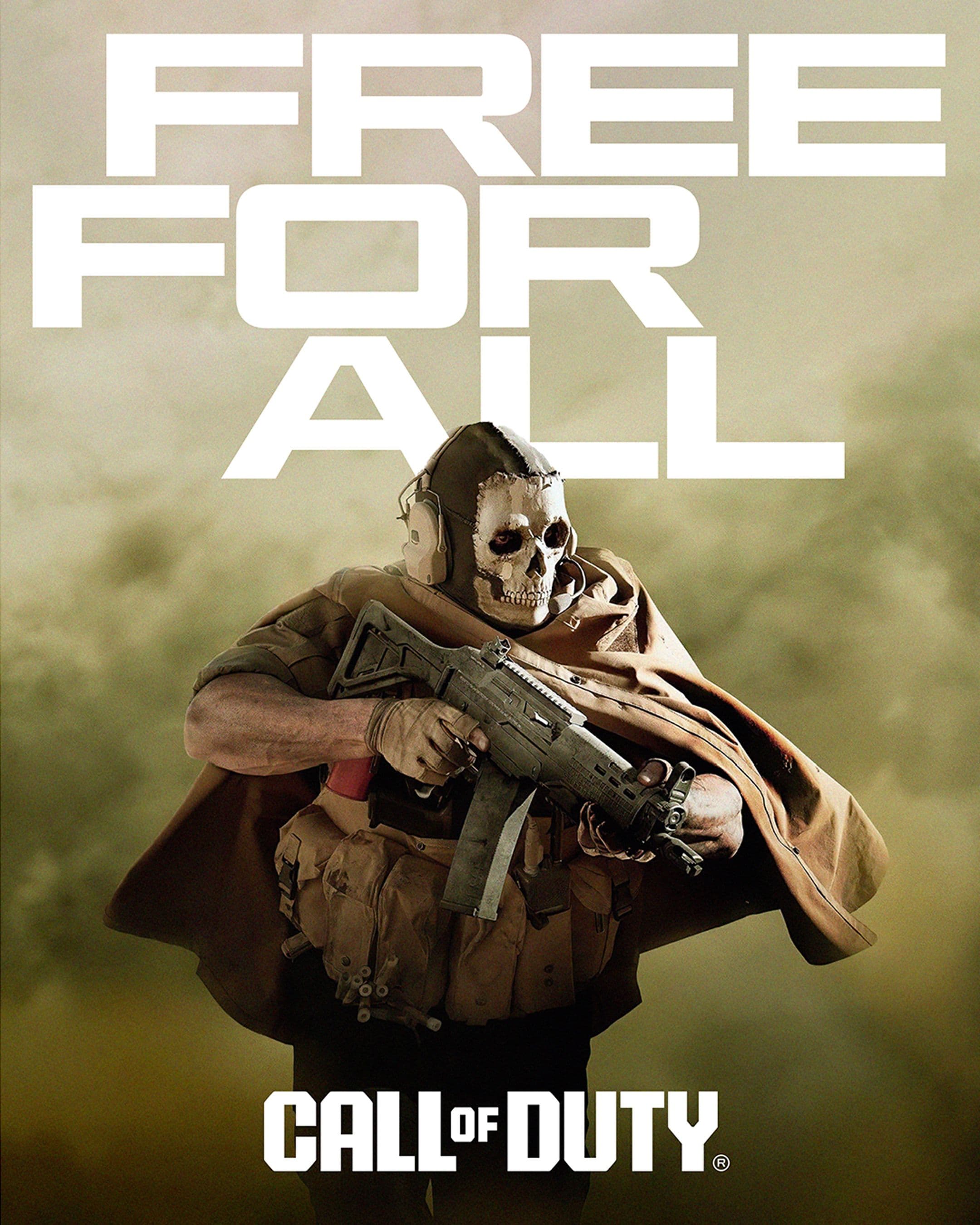A soldier wearing a skull mask and headphones holds a rifle, standing against a smoky background. Large white text reads Free for all above, with Call of Duty at the bottom.