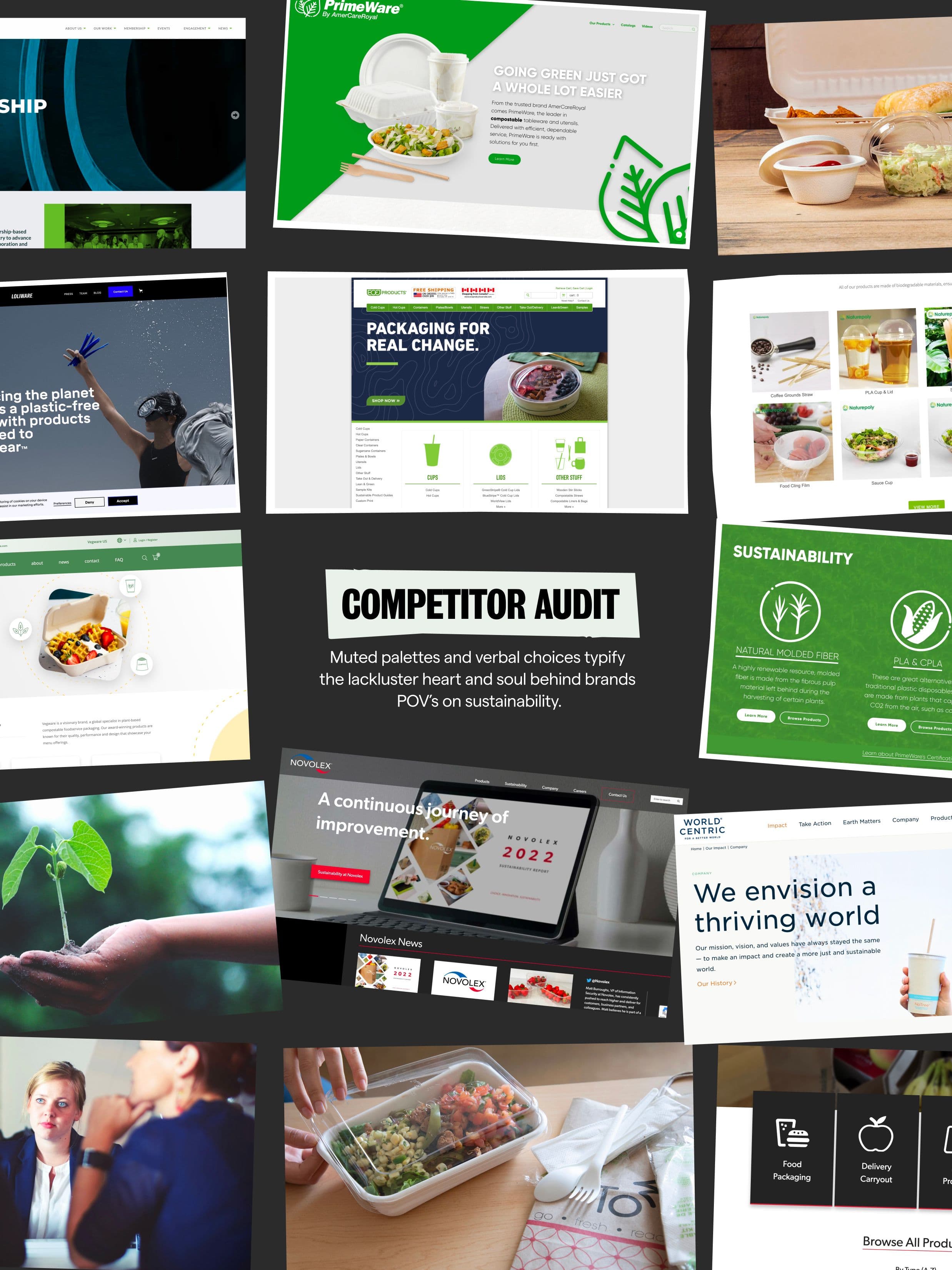 A collage of website screenshots and product photos highlighting competitor brands’ sustainability efforts.