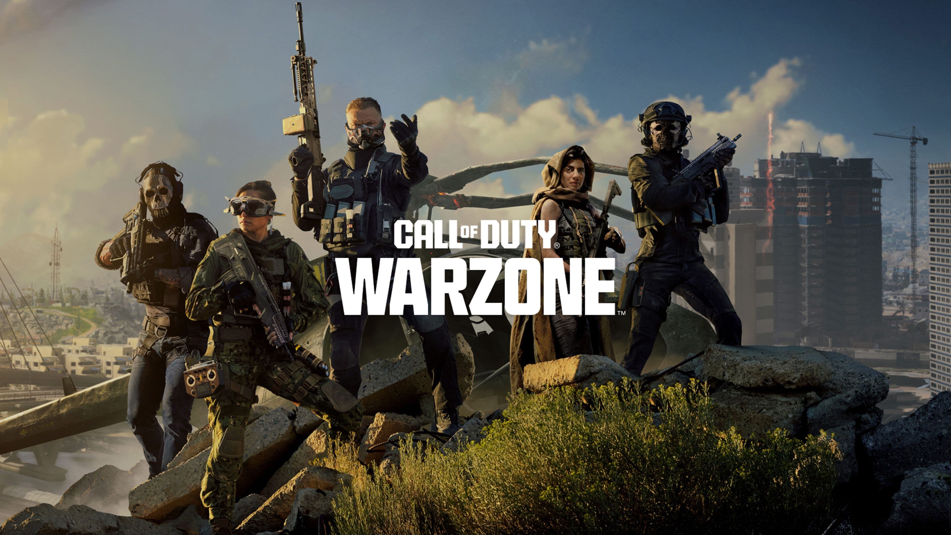 Five armed soldiers in tactical gear stand on rocky terrain with a city and construction cranes in the background. The Call of Duty: Warzone logo is centered over the group.