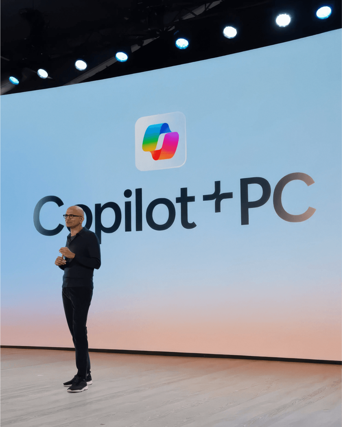 Photograph of Satya Nadella, CEO of Microsoft, introducing Microsoft Copilot.
