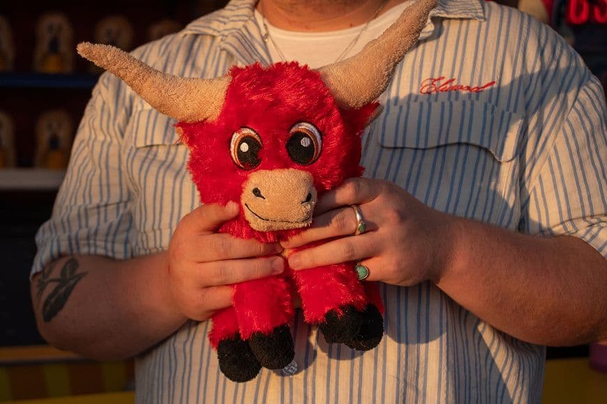 A person in a striped shirt holds a red plush toy bull with beige horns and big eyes. The sun casts a warm light, highlighting the toy and the persons hands with rings and a tattoo.