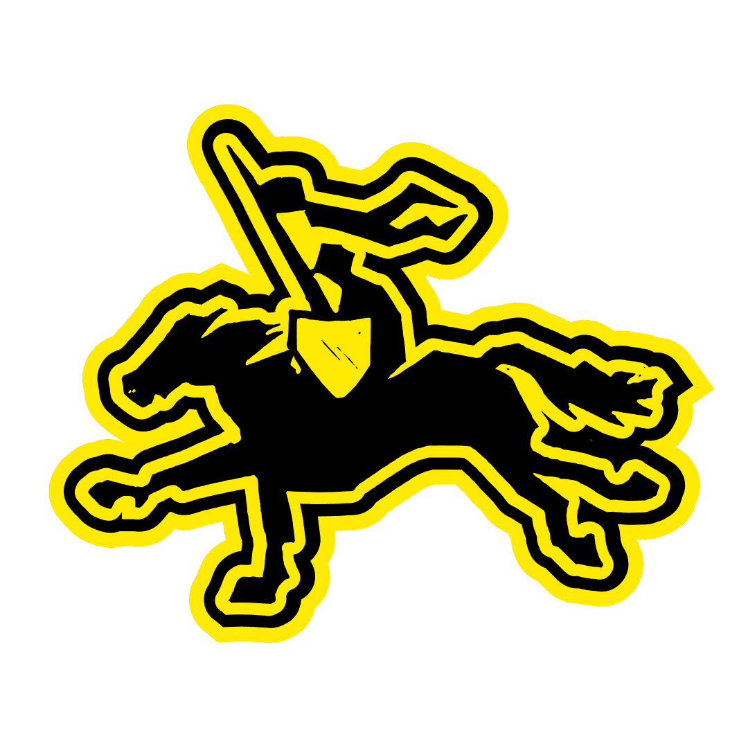 A black silhouette of a knight on horseback holding a lance, outlined in yellow.