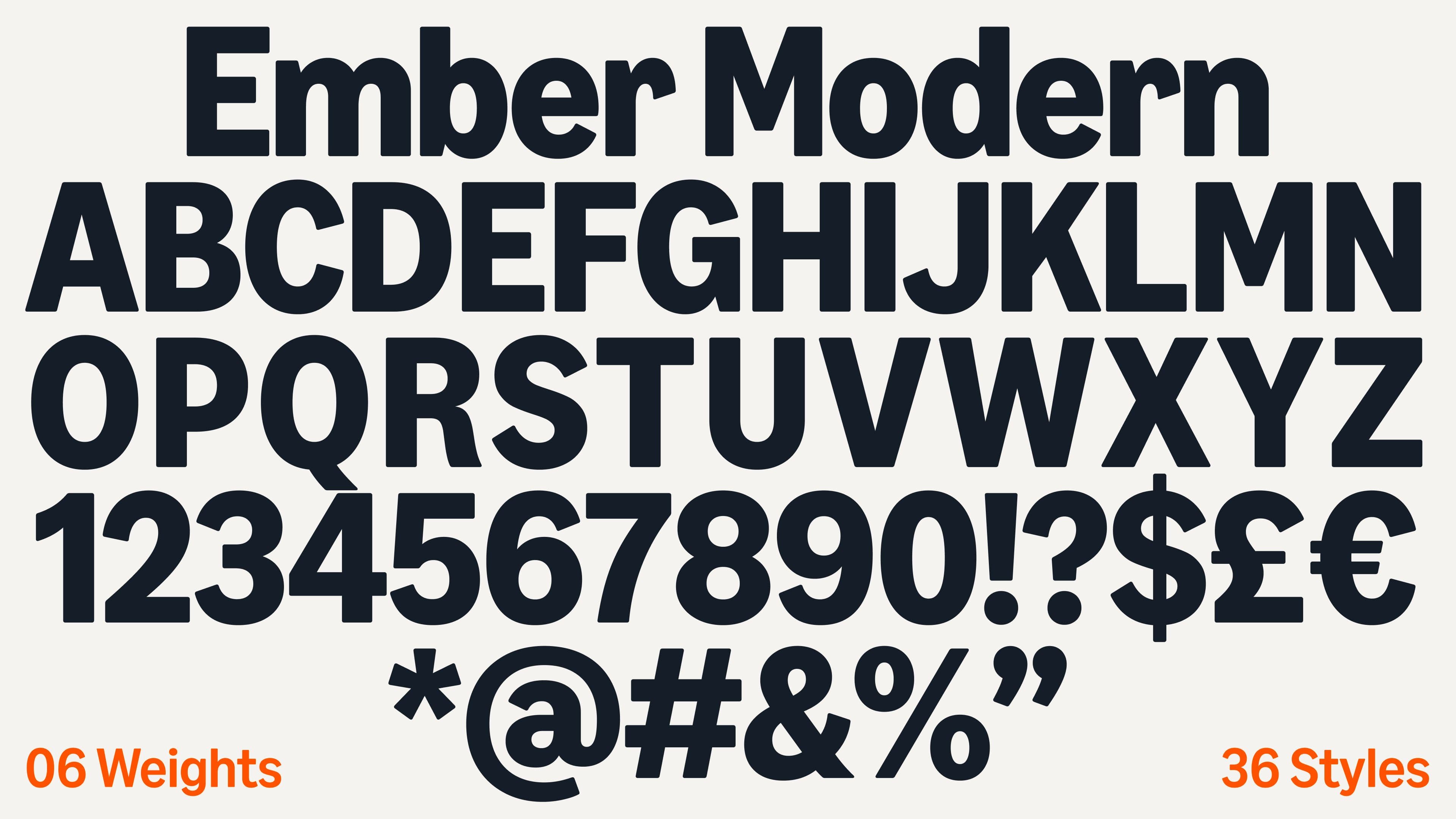 Bold Ember Modern font specimen showing uppercase letters A–Z, numbers 0–9, symbols, and currency signs.