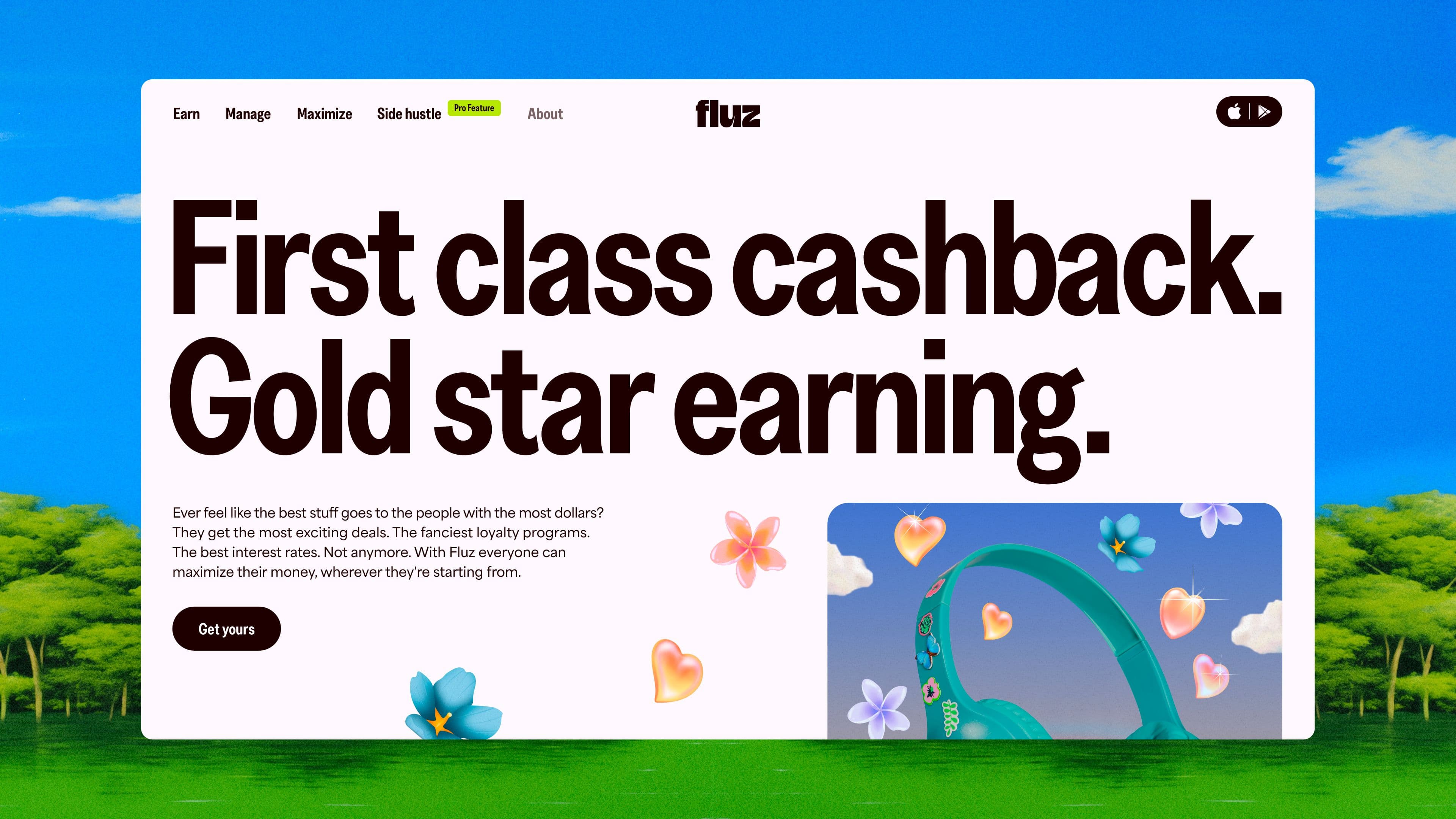 A Fluz website homepage with bold text: First class cashback. Gold star earning.