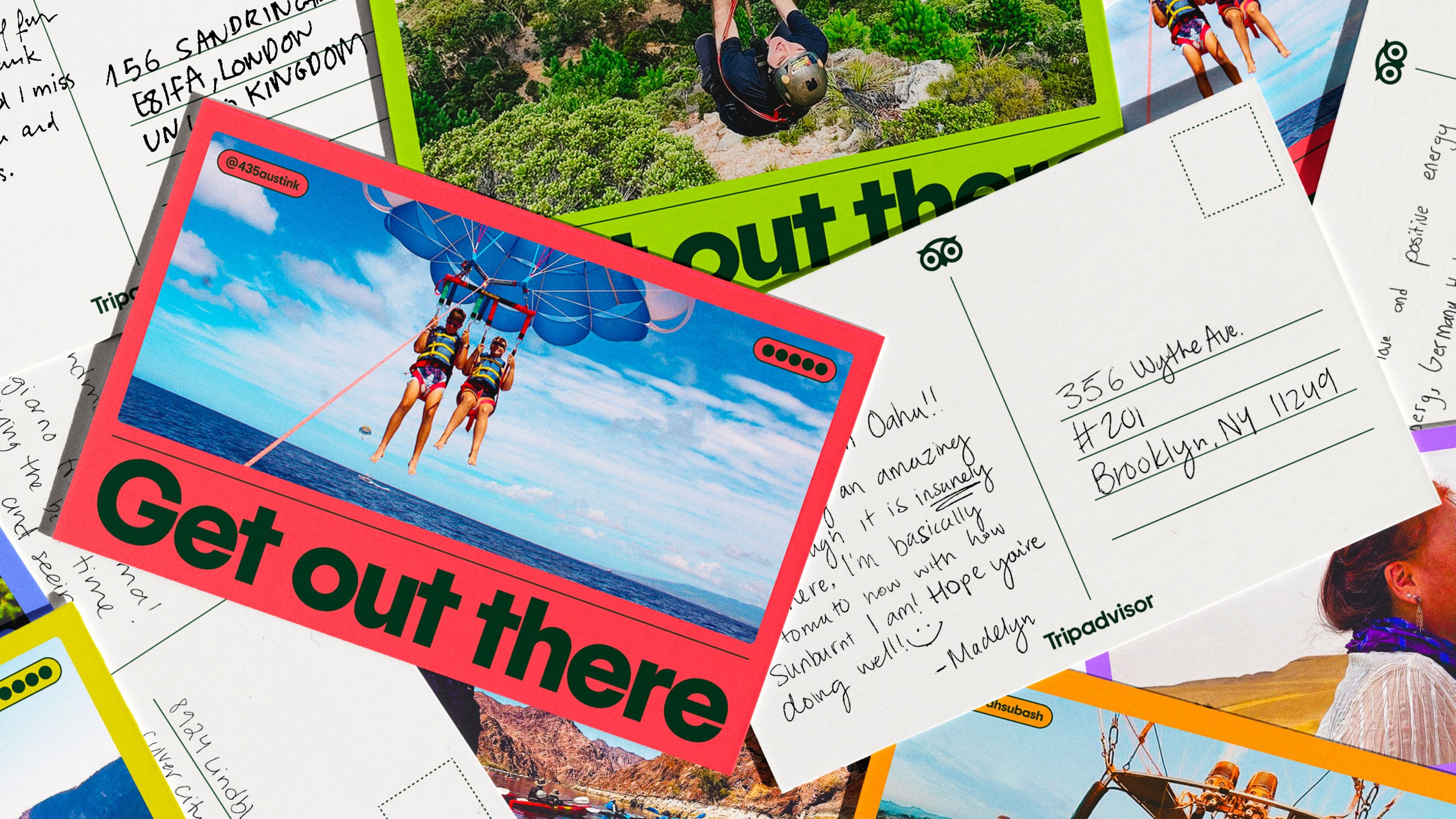 Tripadvisor collage of postcards, one showing parasailing with text ‘Get out there,’ others with notes and travel imagery.