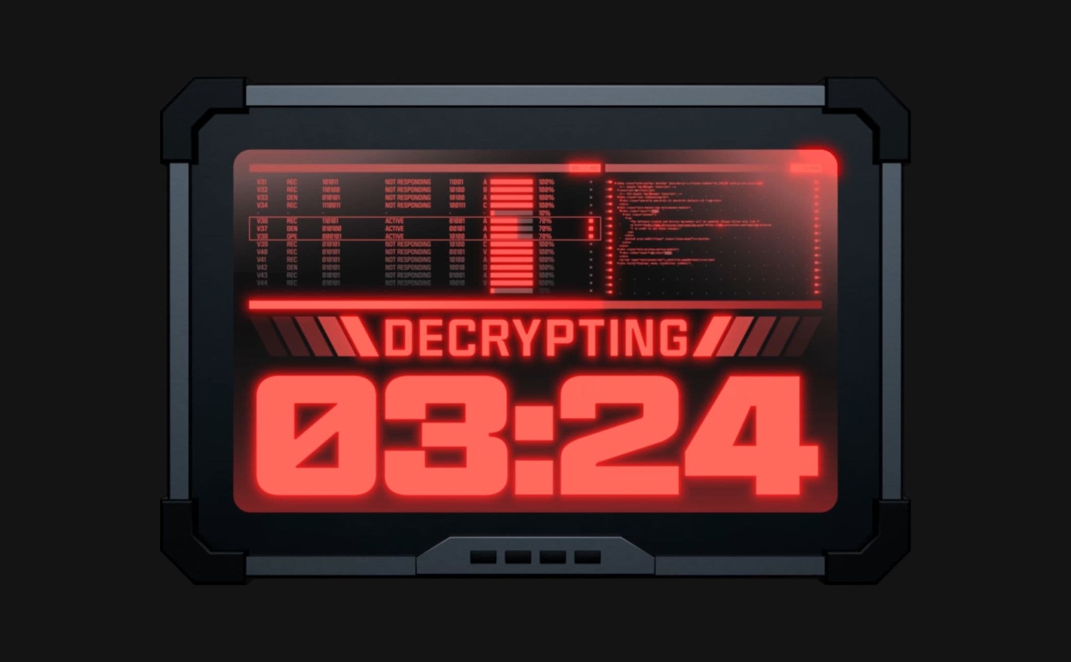 A digital screen displays the word decrypting in bold red letters above a countdown timer reading 03:24.