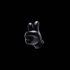 A glossy black cartoon-style hand makes a peace sign gesture against a solid black background.