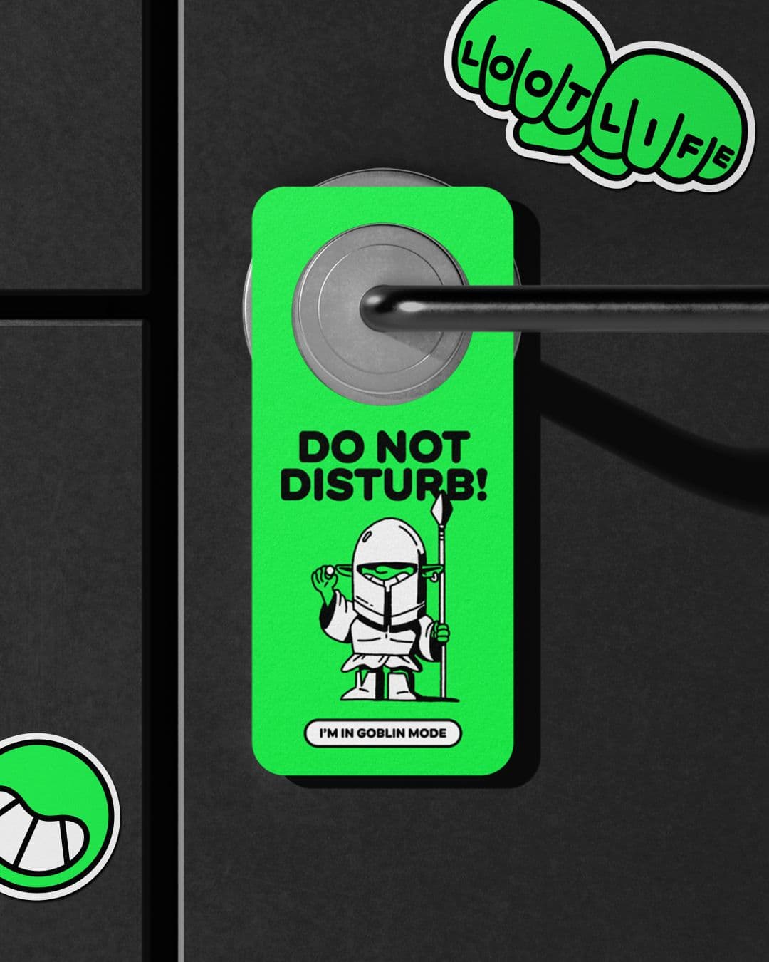 A do-not-disturb door handle tag featuring the Marblex mascot in a suit of armour saying 'I'm in goblin mode'.