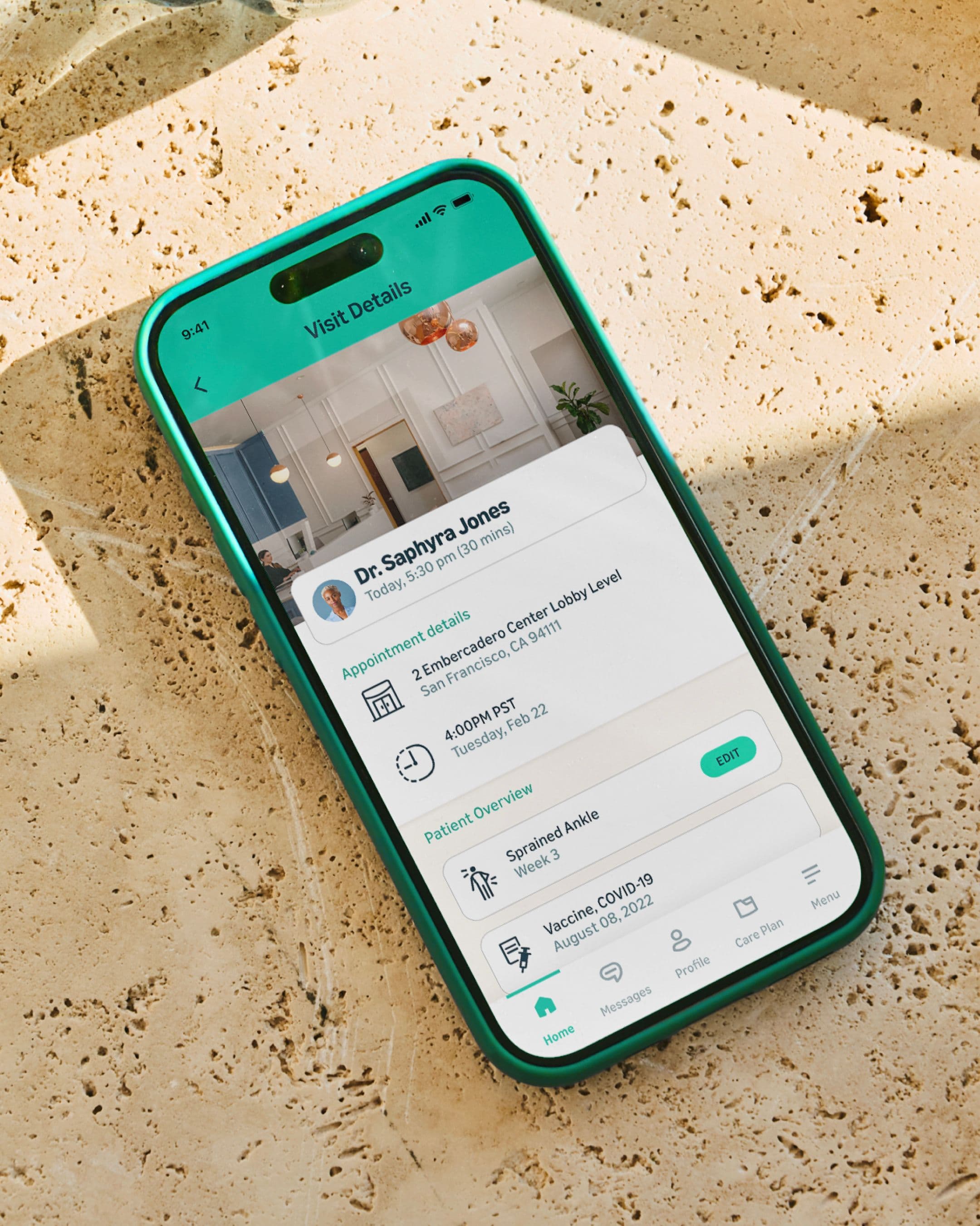 Smartphone displaying a medical app with a doctor visit and appointment details.