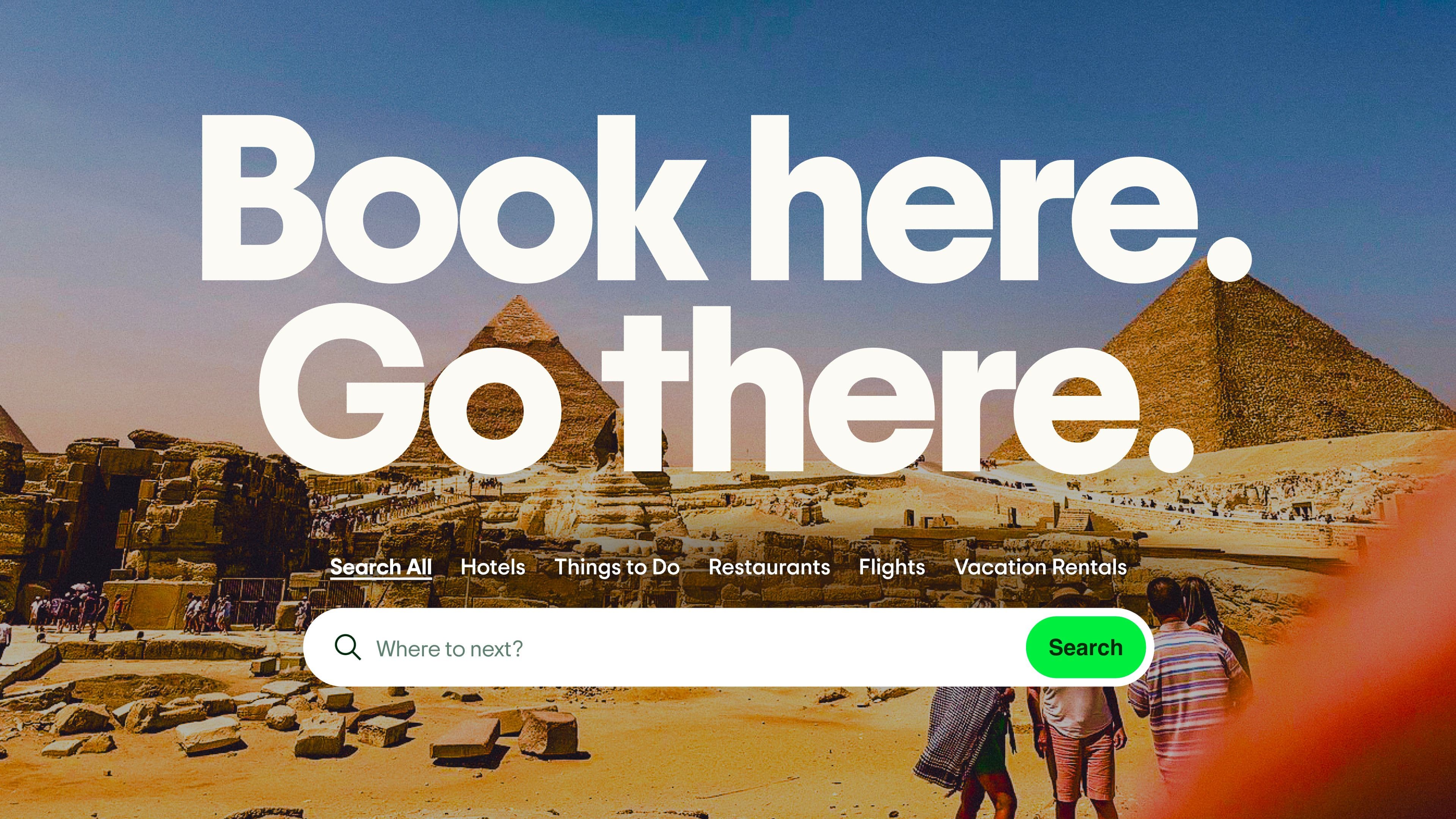 Tourists stand near the Pyramids of Giza in Egypt, with large white text reading “Book here. Go there.” and a green search bar for travel options overlaid on the image.