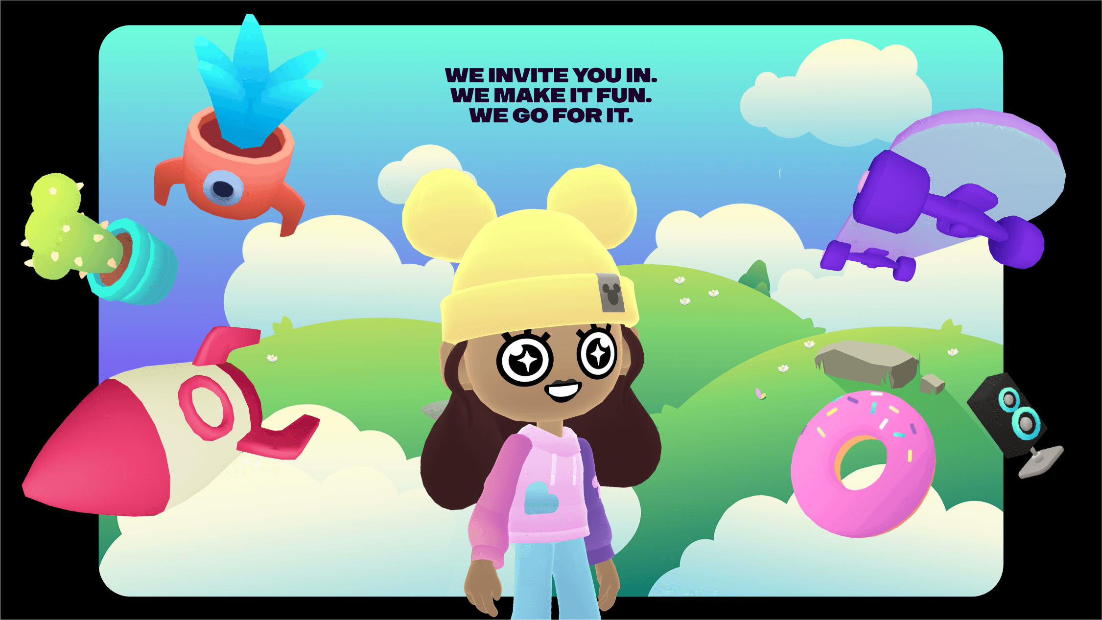 Fitbit Ace avatar of a girl on green hill with floating objects, text: 'We invite you in. We make it fun. We go for it.'