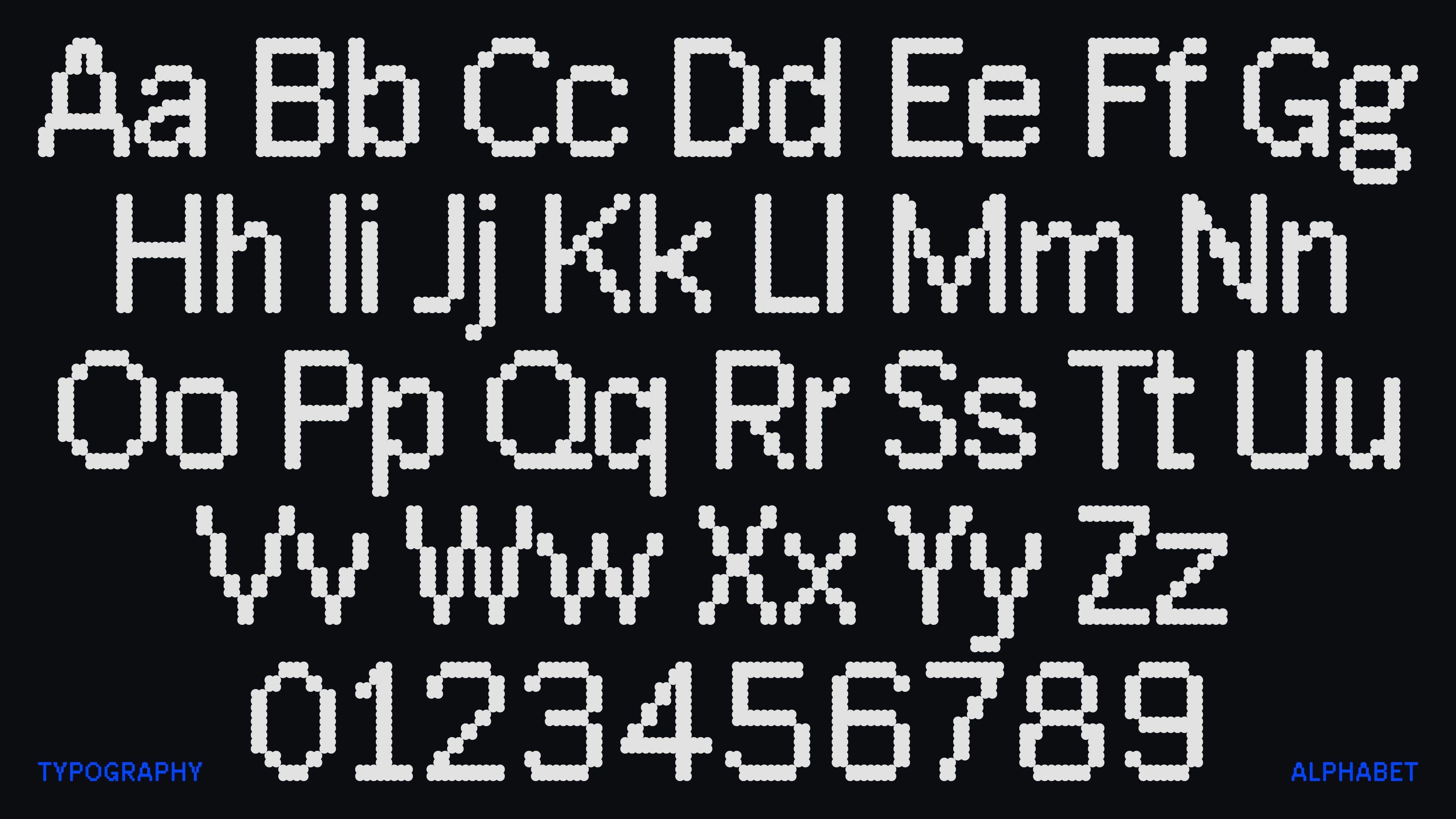 Uniqode pixel font showing letters, numbers, and blue text labels on black background.