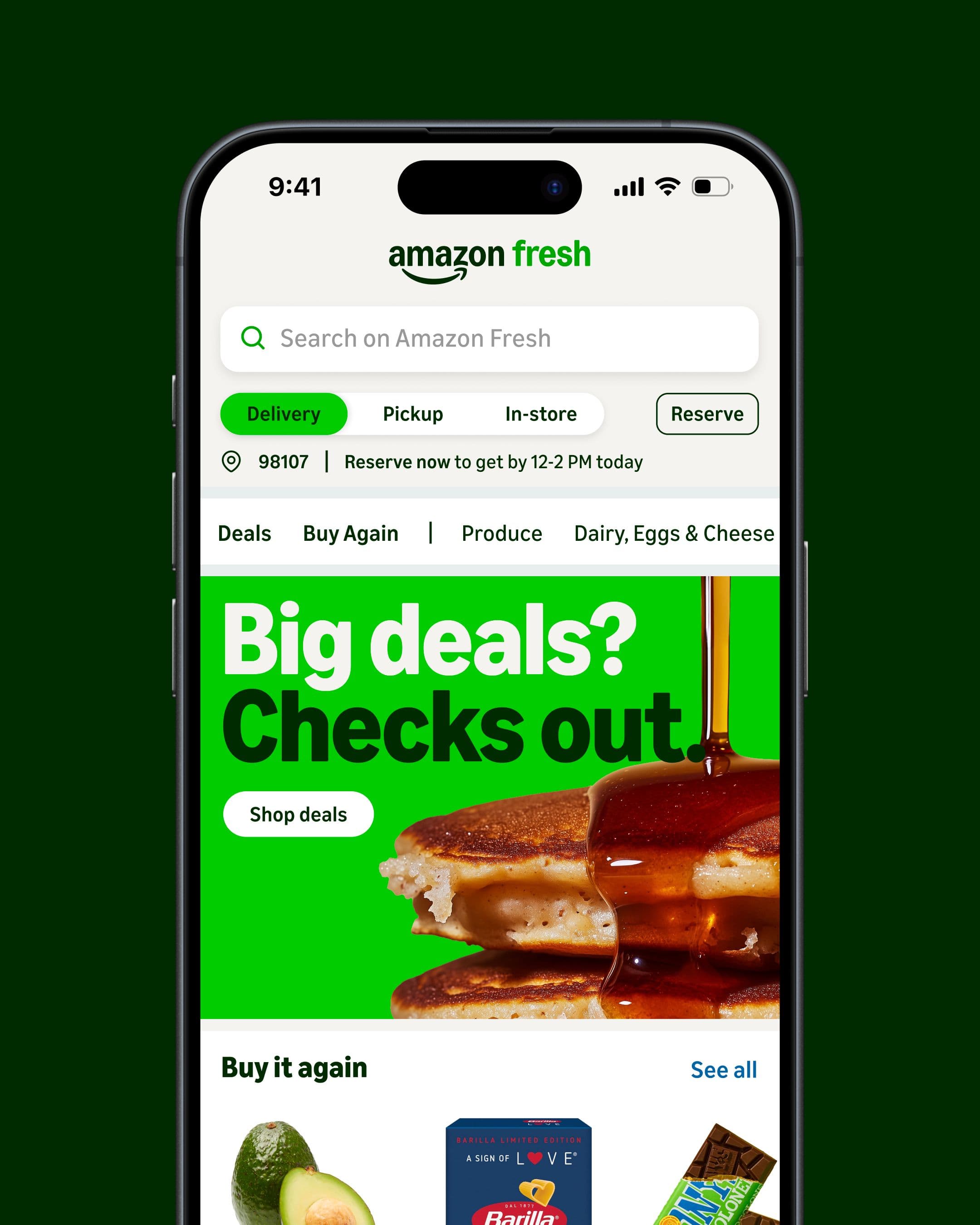 A smartphone screen displays the Amazon Fresh app.