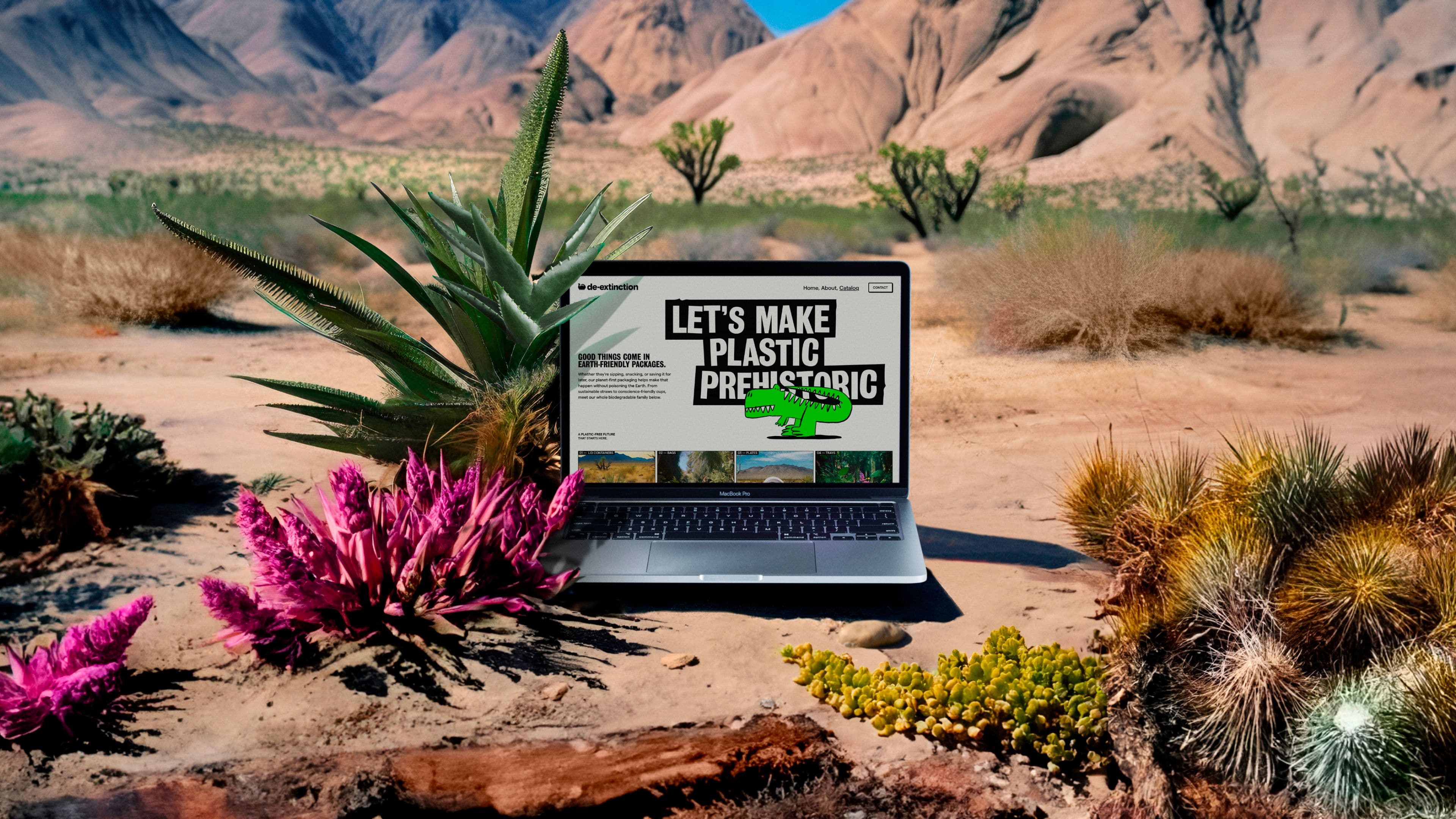 A laptop sits on desert ground surrounded by colorful cacti and succulents, displaying De-extinction website.