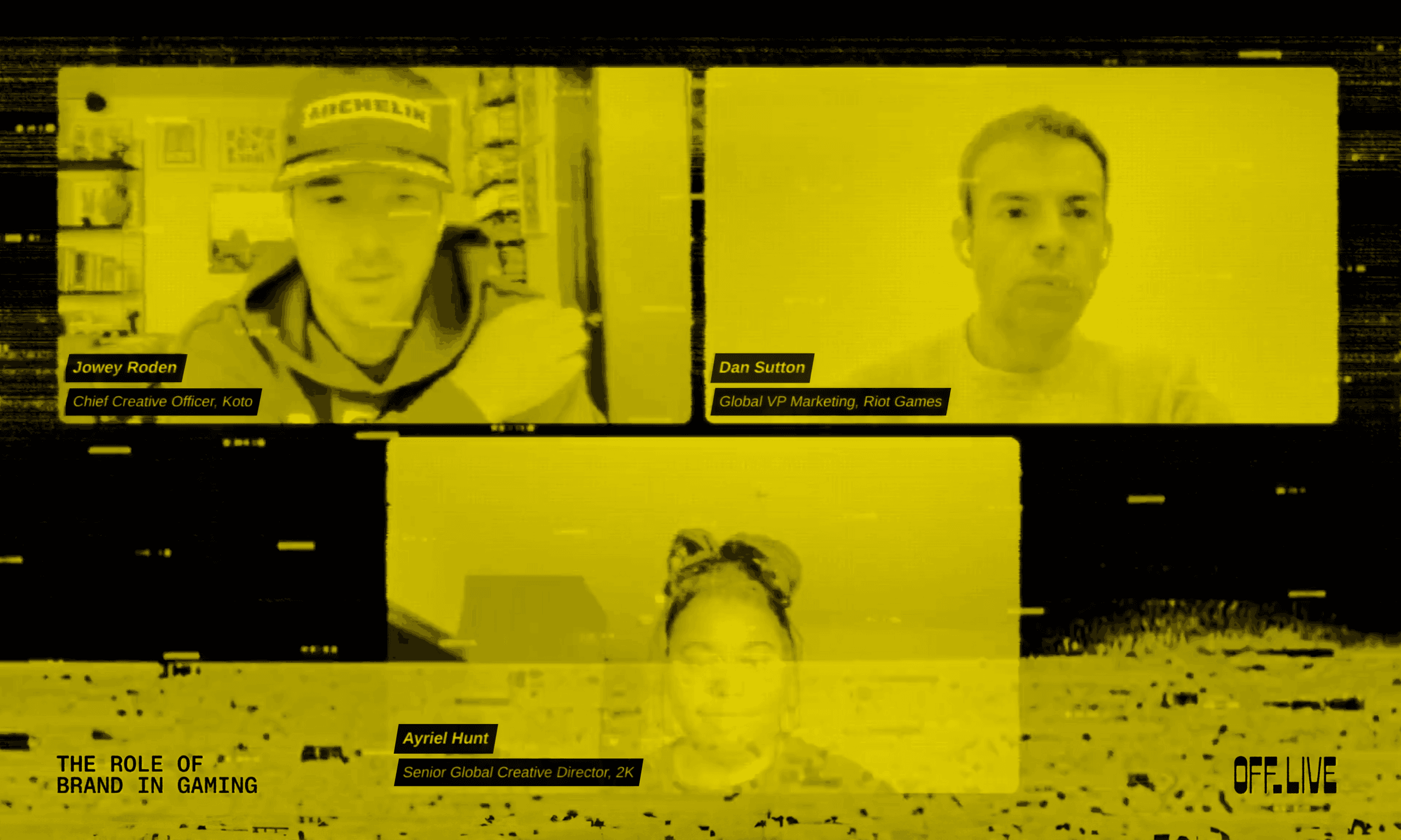 A virtual panel with three speakers, labeled as Jowey Roden, Dan Sutton, and Ayniel Hunt, discussing the role of brand in gaming. The screen has a yellow filter and glitch effects.