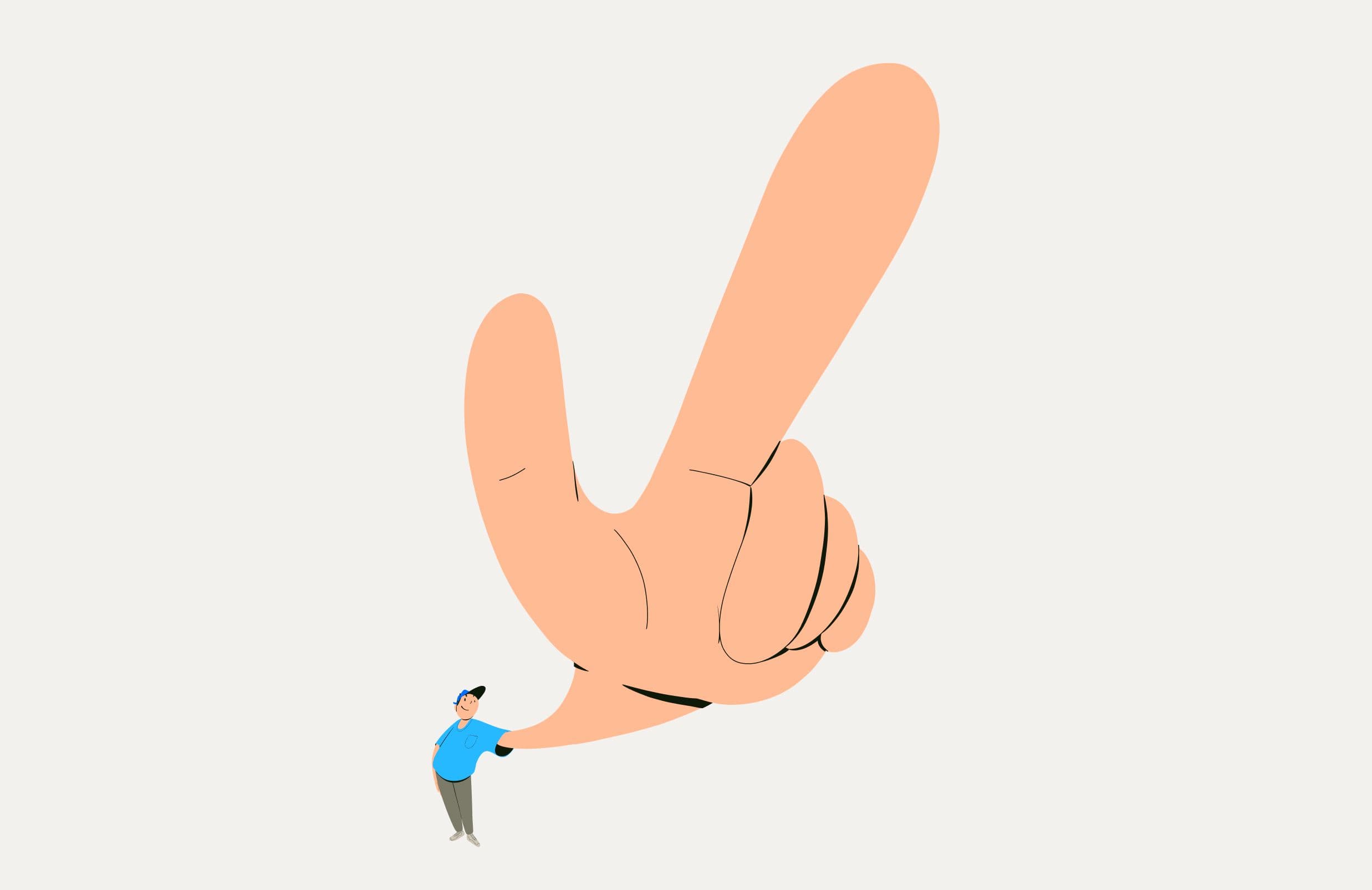 Illustration of a small person in a blue shirt with an exaggerated, oversized hand making a check mark on a white background.