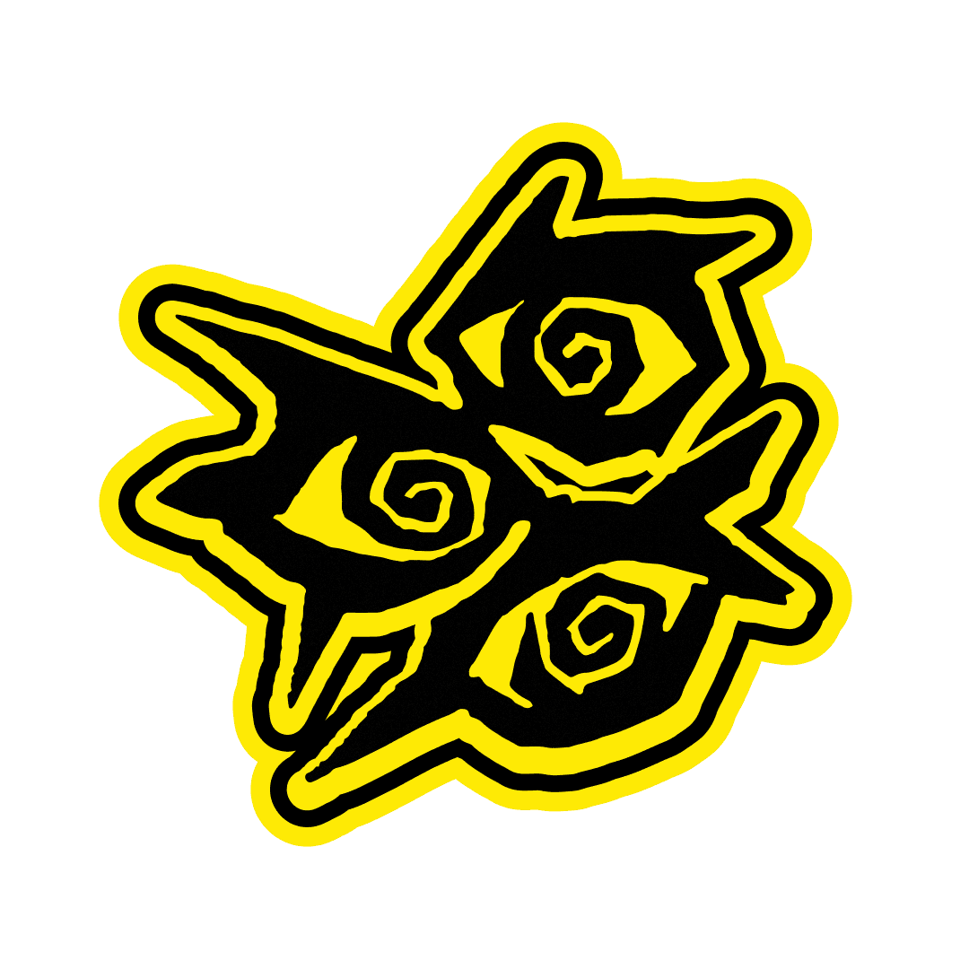 Black silhouette of three spiral eyes outlined with bold yellow lines.