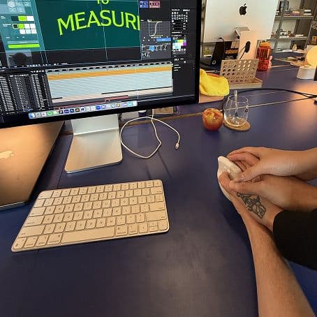 Four people are holding a single computer mouse for a monitor.