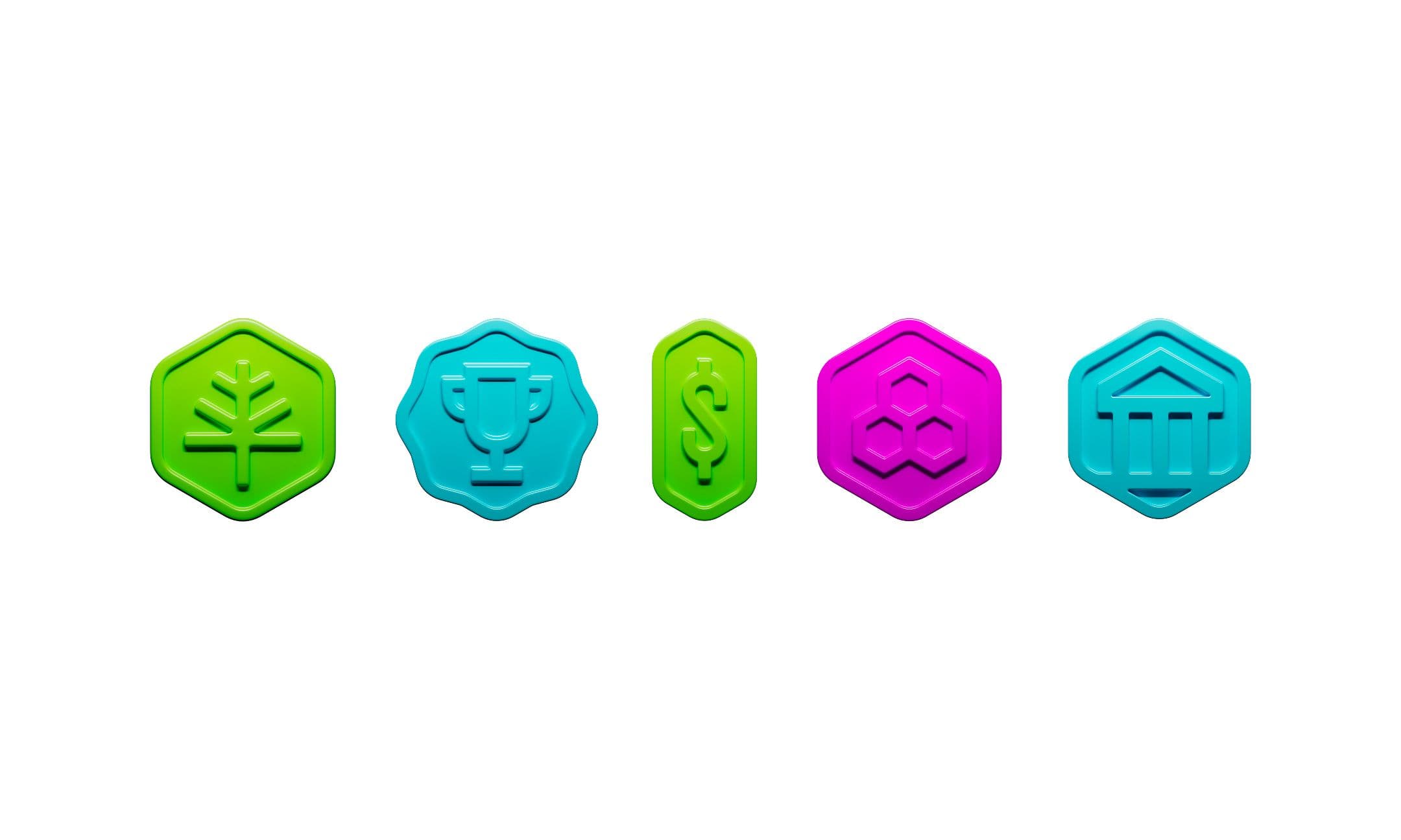 Five 3D colorful hexagonal icons on a white background: a green leaf, a blue trophy, a green dollar sign, a pink hexagon network, and a blue classical building.