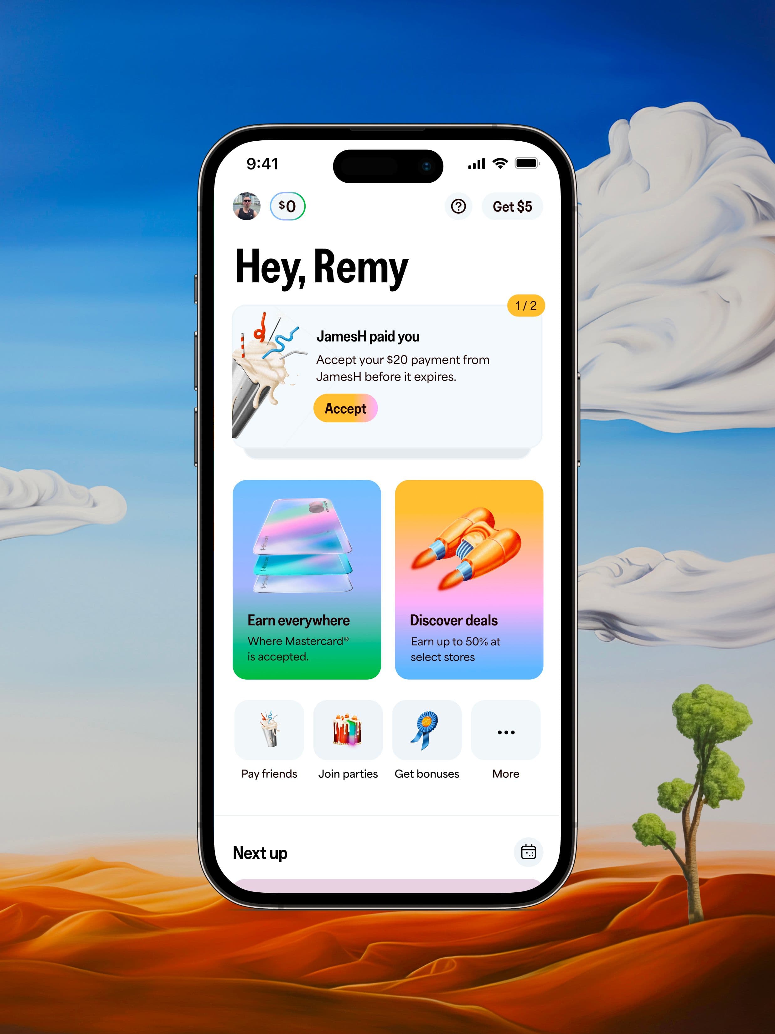 A smartphone displays a payment app screen saying “Hey, Remy,” showing a $20 payment from Jamesh, along with options to earn rewards, discover deals, and other features.