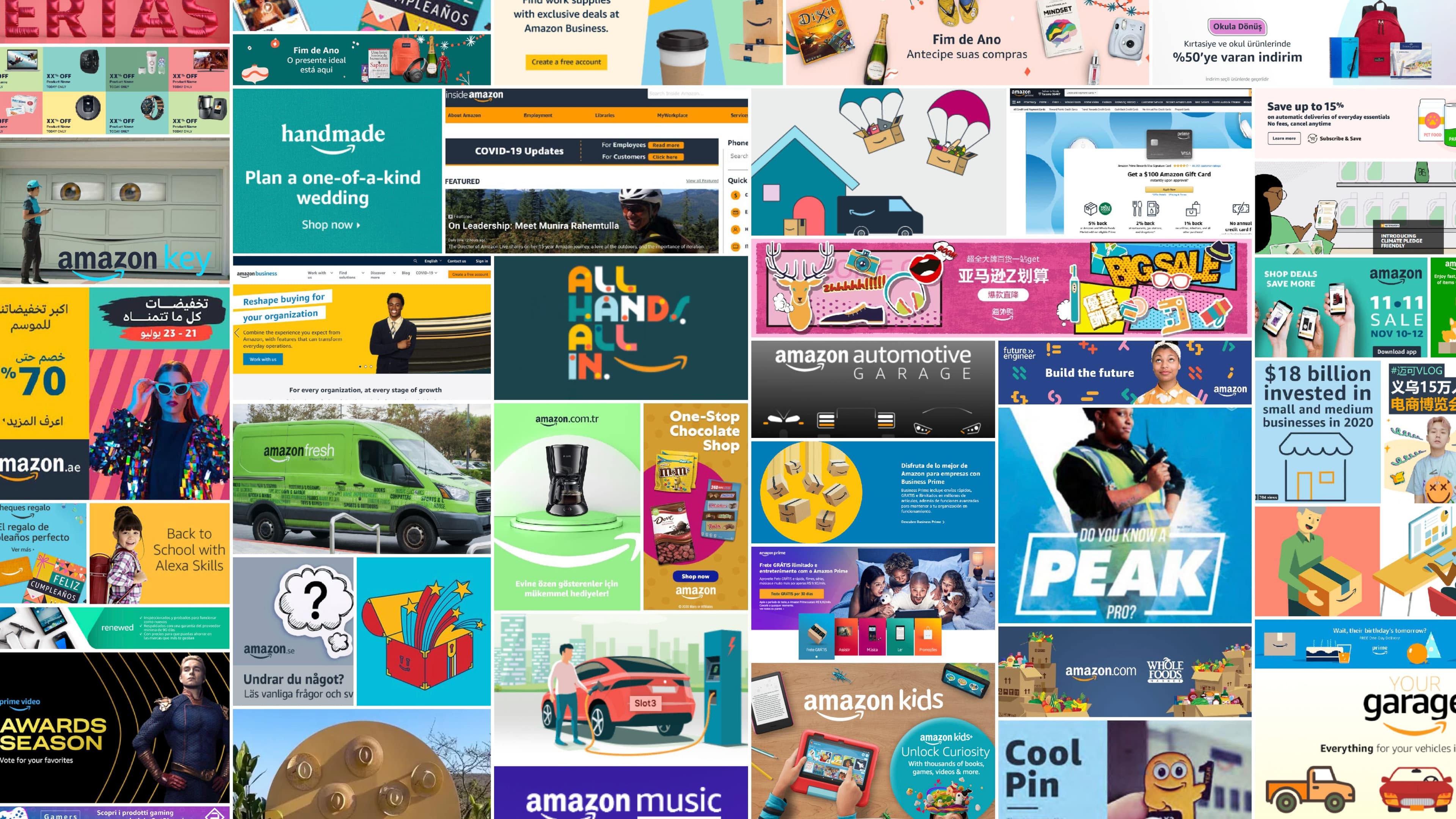 A colorful collage of previous Amazon brand: web pages, banners, and ads, showcasing products, services, promotions, shopping events, and delivery options in a grid layout.