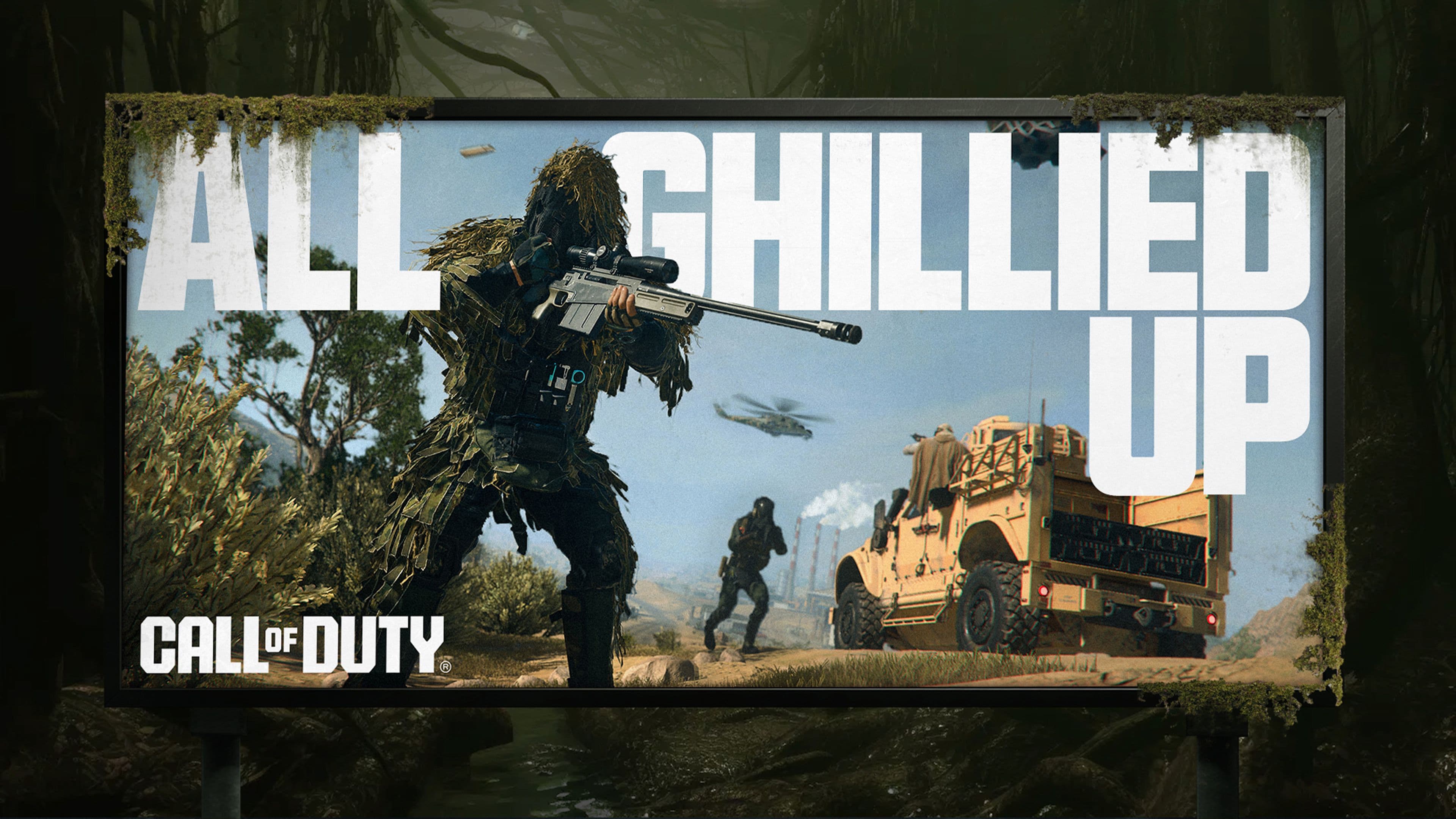 A billboard shows a soldier in a ghillie suit aiming a sniper rifle, with a military vehicle and helicopter in the background. Large white text reads “All Ghillied Up” and is branded with the Call of Duty logo.