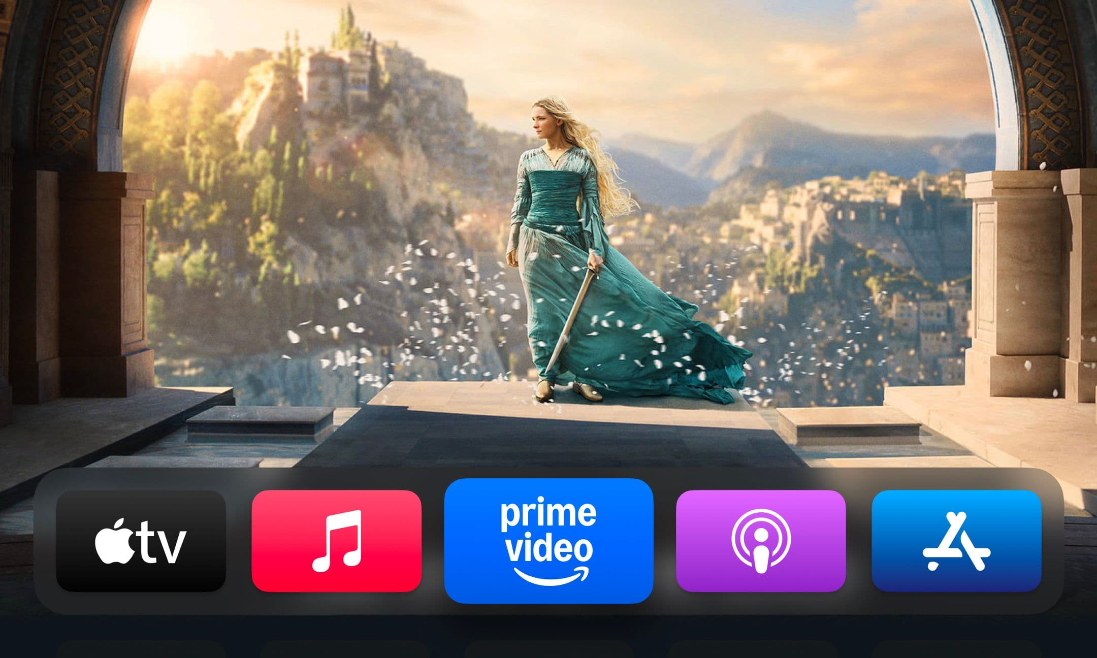 A woman in a teal dress stands on a stone balcony holding a sword, with a fantasy city and mountains in the background. App icons for Apple TV, Music, Prime Video, Podcasts, and App Store appear below.