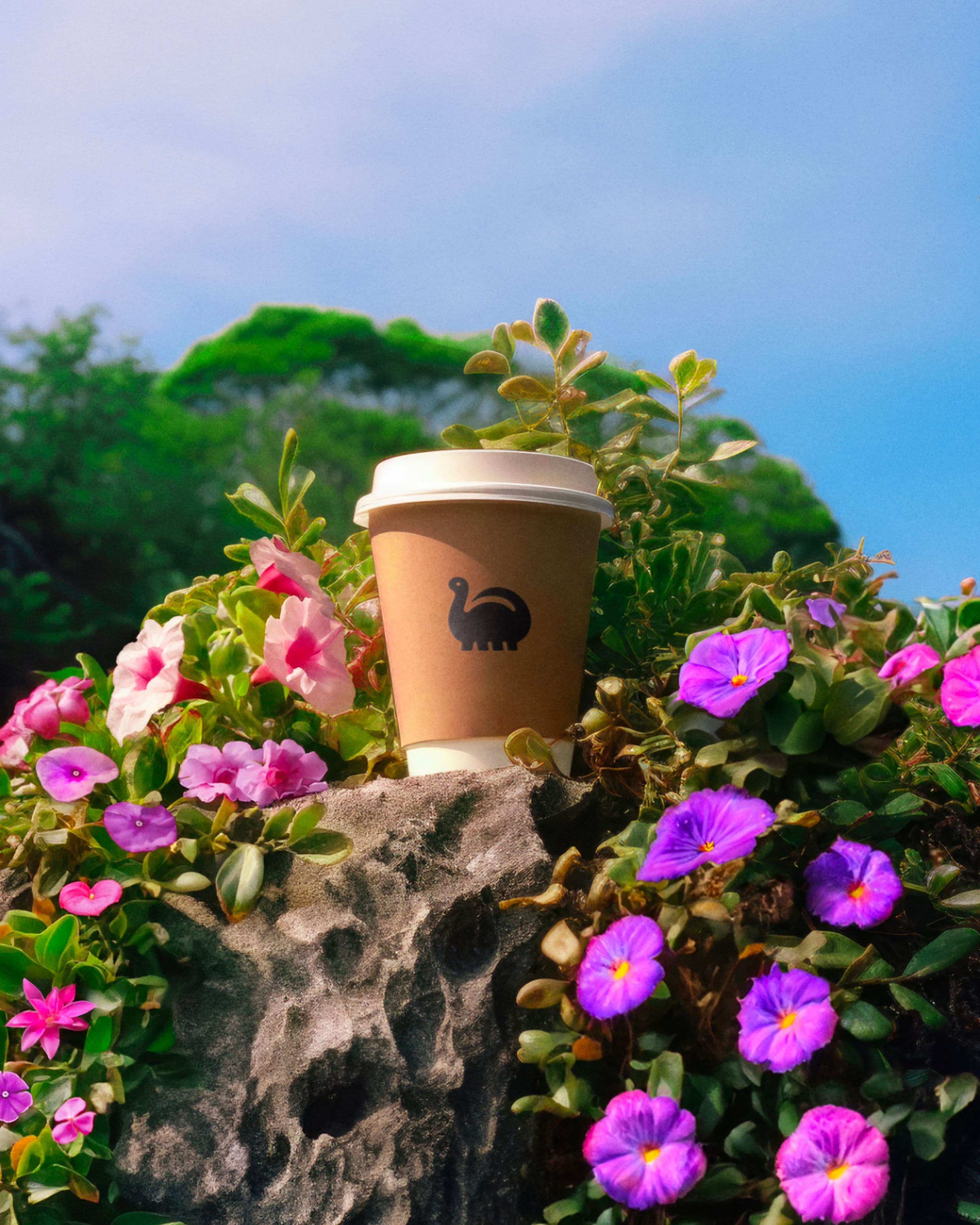 A brown paper coffee cup with the De-extinction logo sits on a rock surrounded by pink and purple flowers.