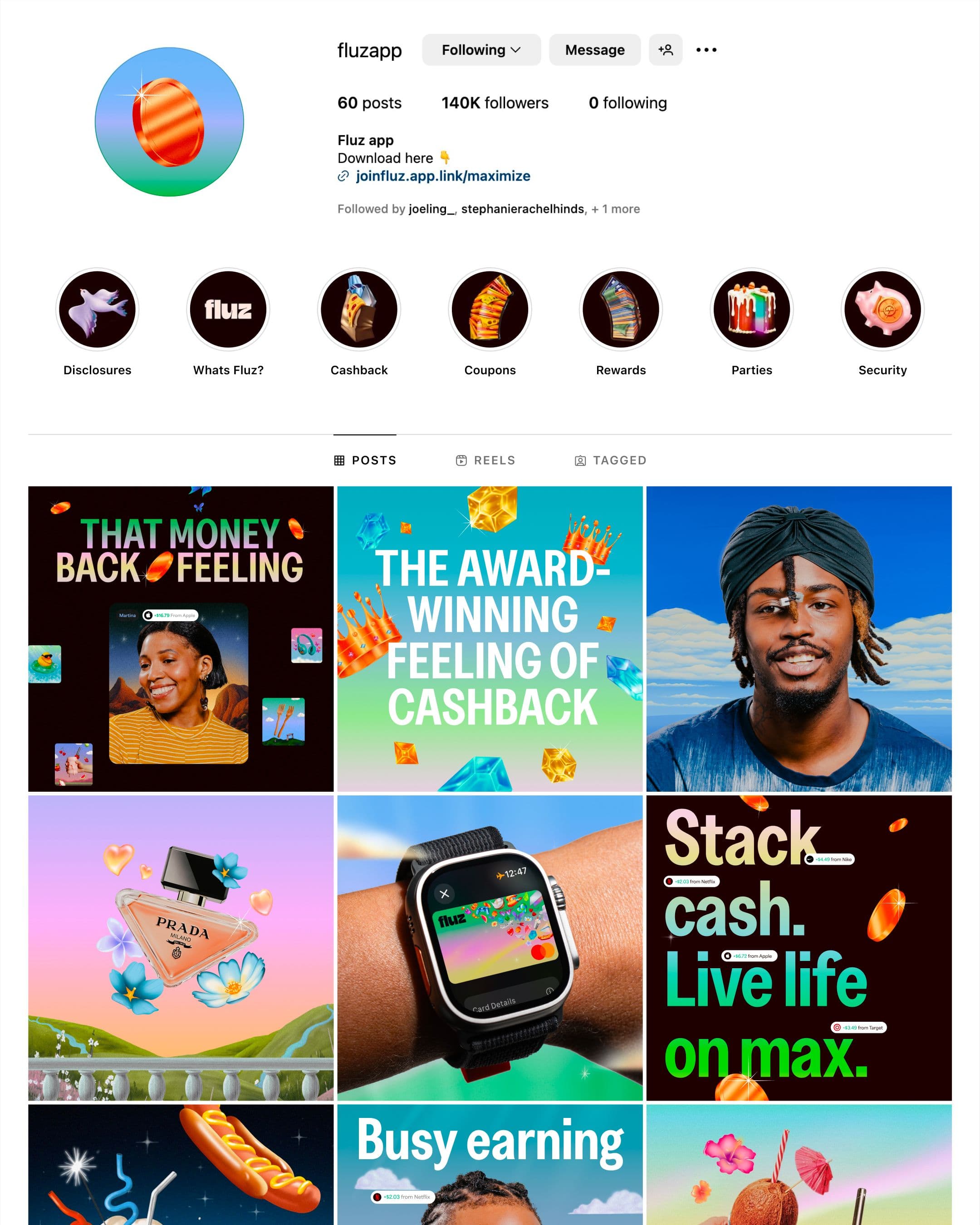 Screenshot of the fluzapp Instagram profile, showing colorful posts about cashback, rewards, and parties.