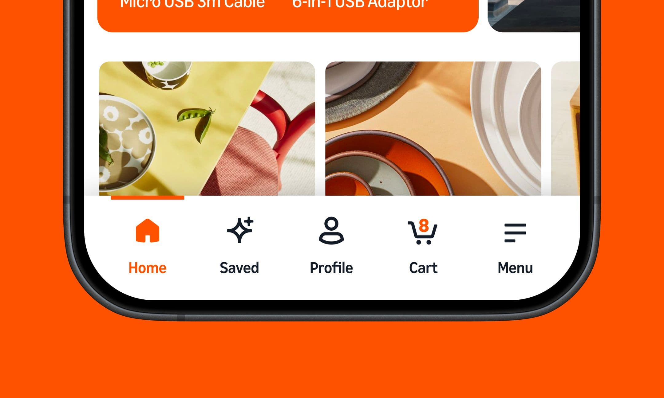 A smartphone screen shows a shopping app with navigation icons for Home, Saved, Profile, Cart with 8 items, and Menu at the bottom.
