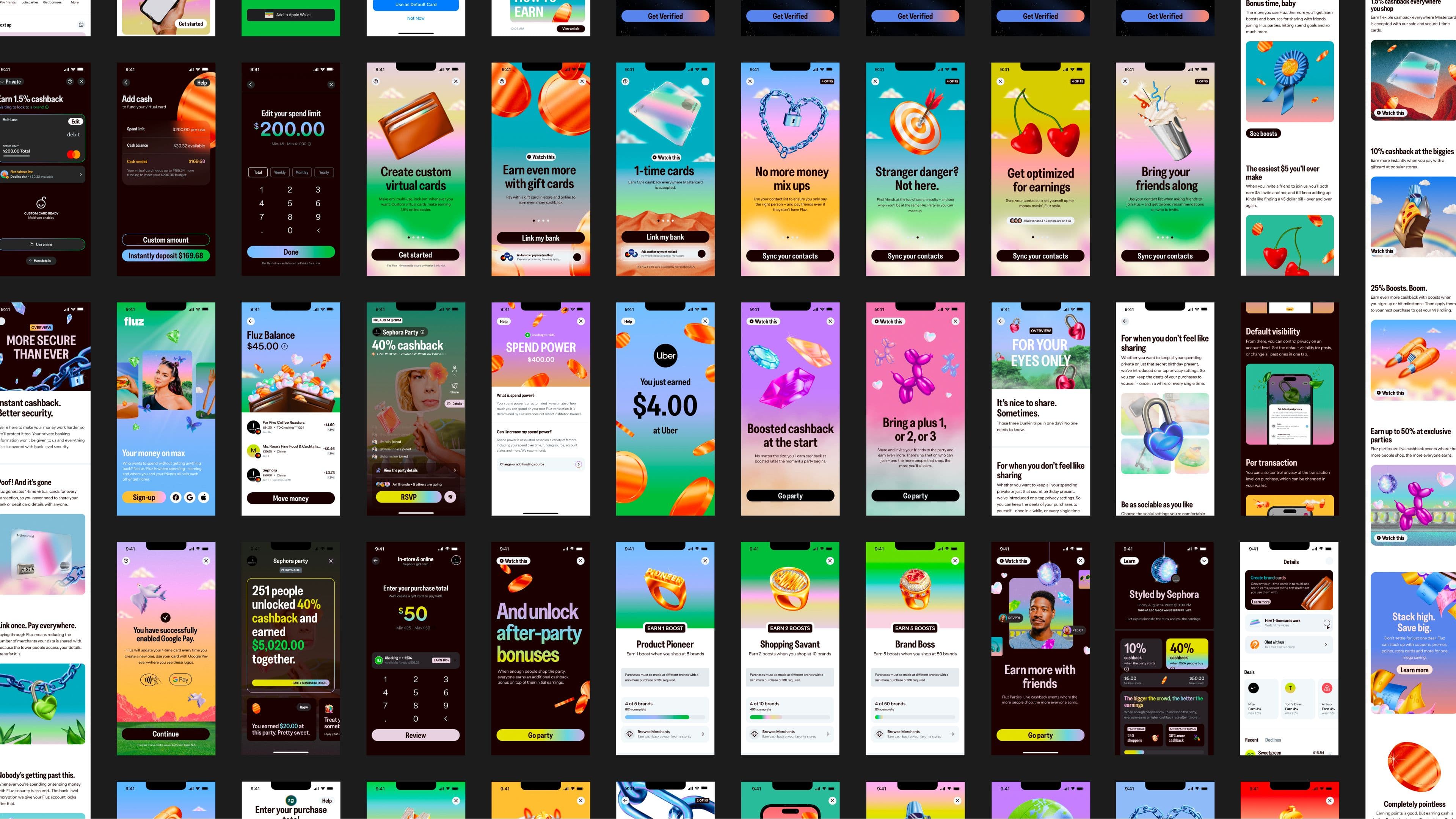 A collage of colorful mobile app interface designs arranged in rows and columns, displaying various themes, icons, illustrations, buttons, and text, showcasing a variety of creative styles and user interface elements.