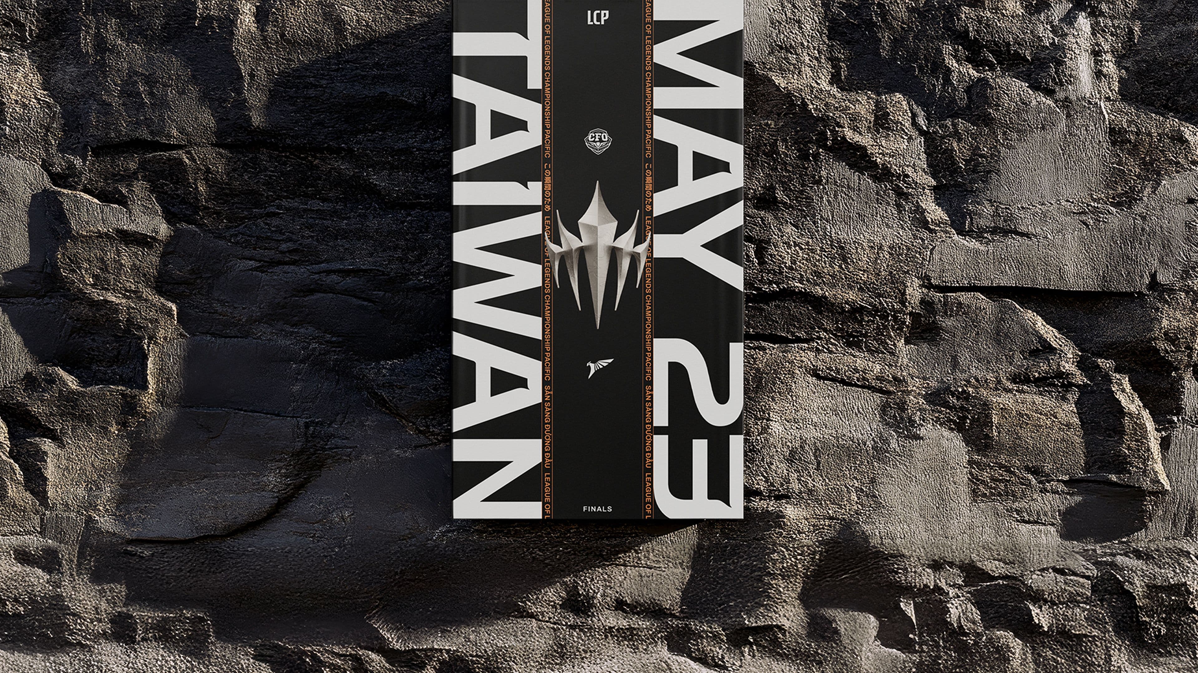 A vertical banner with bold white text reading TAIWAN 23 and LCP hangs against a textured stone wall.