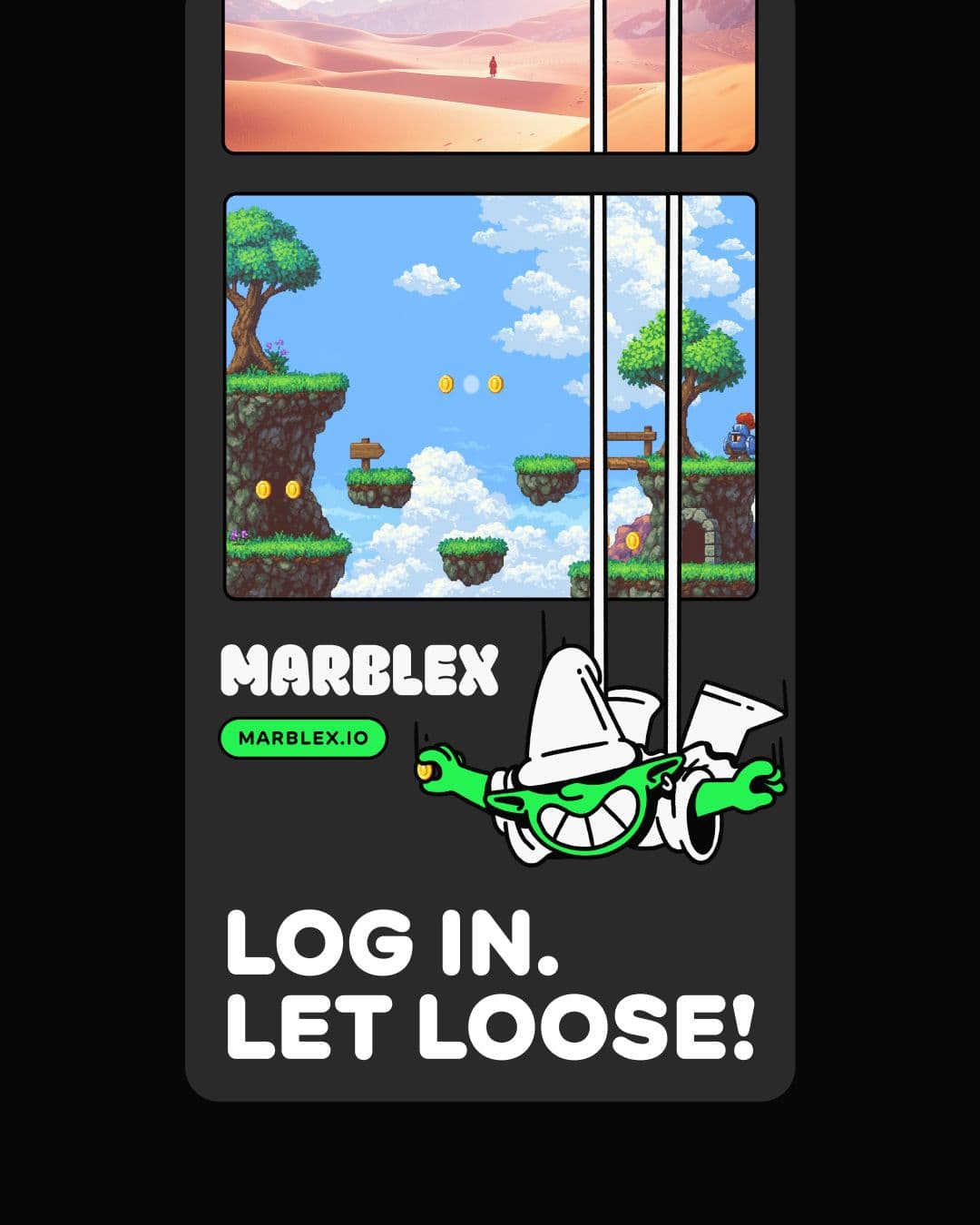 A digital skyscraper ad showing the goblin mascot rappelling through different video games with the headline 'Log in. Let loose!'.